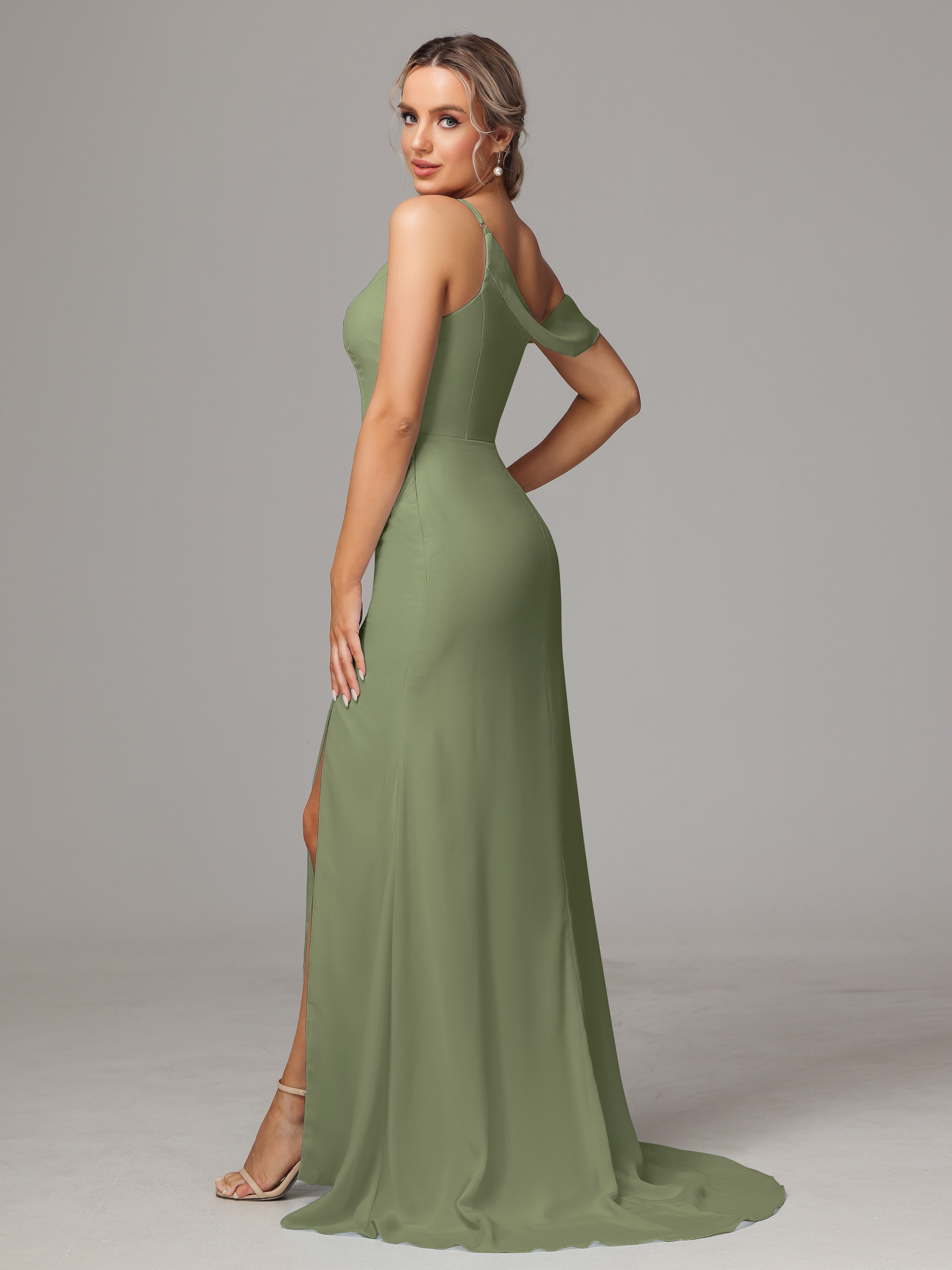 Demoiselle D Honneur Vert Olive Seule-Épaule Fendue Trapèze Mousseline Longue Robes Demoiselle D'Honneur