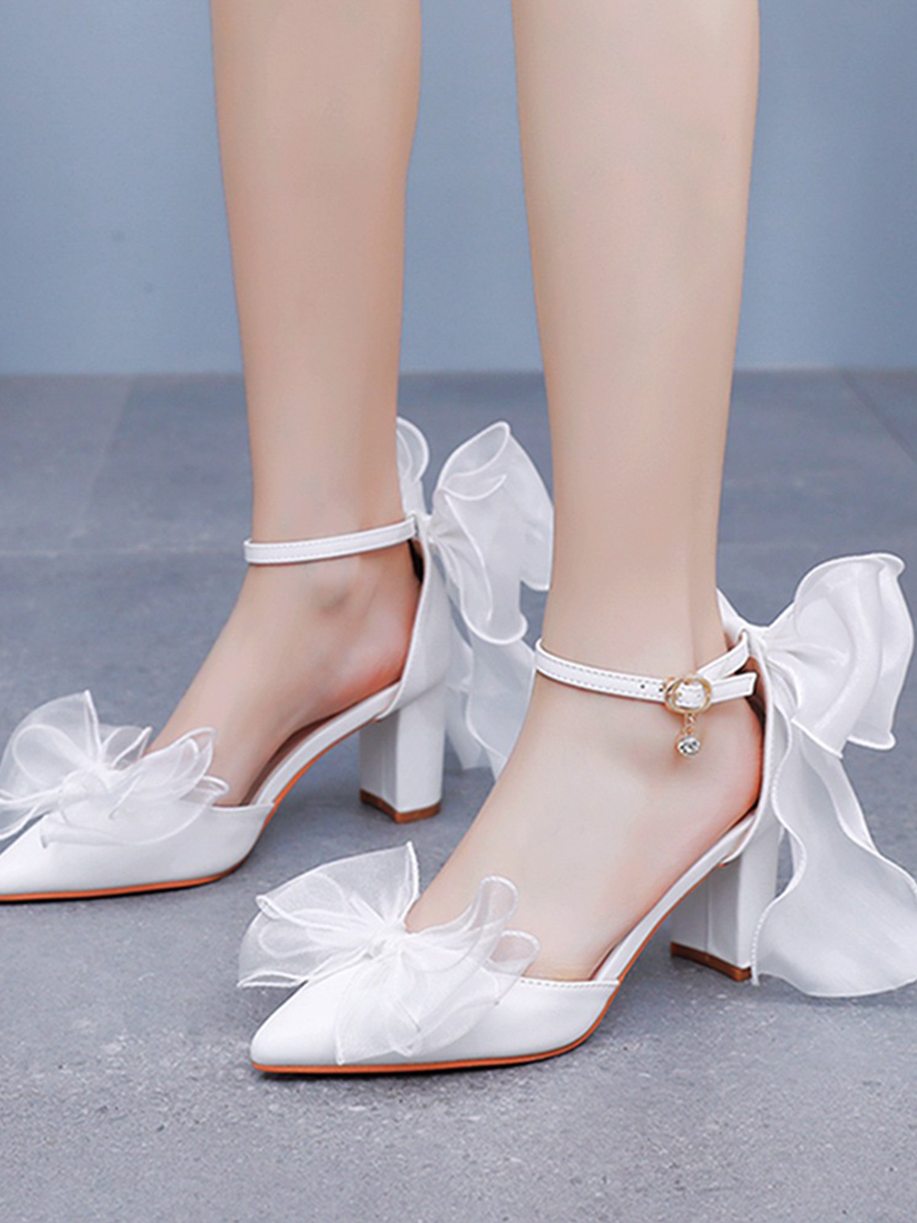 Escarpins de Mariée à Talon Carré Blanc avec Nœud Papillon et Dentelle