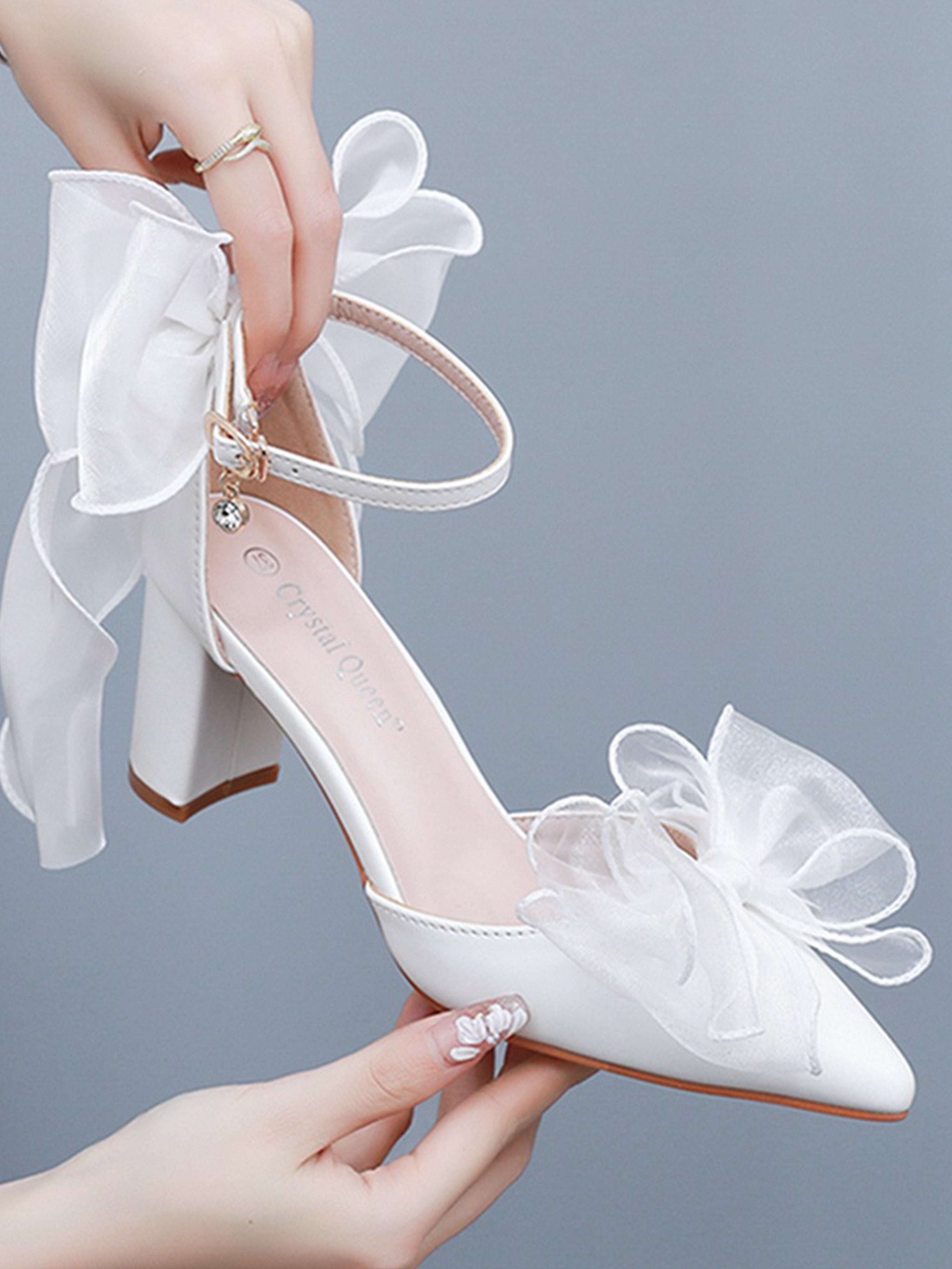 Escarpins de Mariée à Talon Carré Blanc avec Nœud Papillon et Dentelle