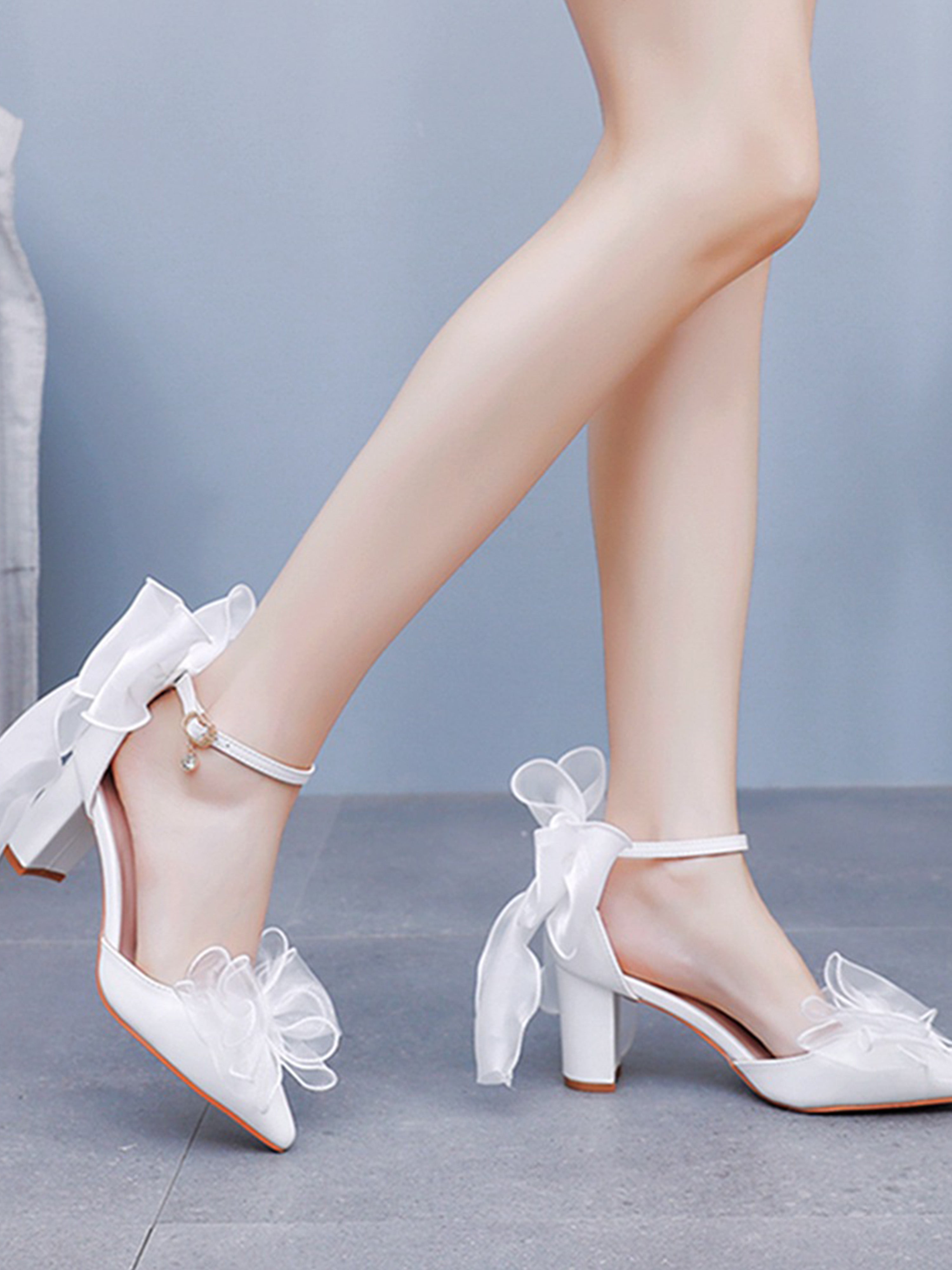 Escarpins de Mariée à Talon Carré Blanc avec Nœud Papillon et Dentelle