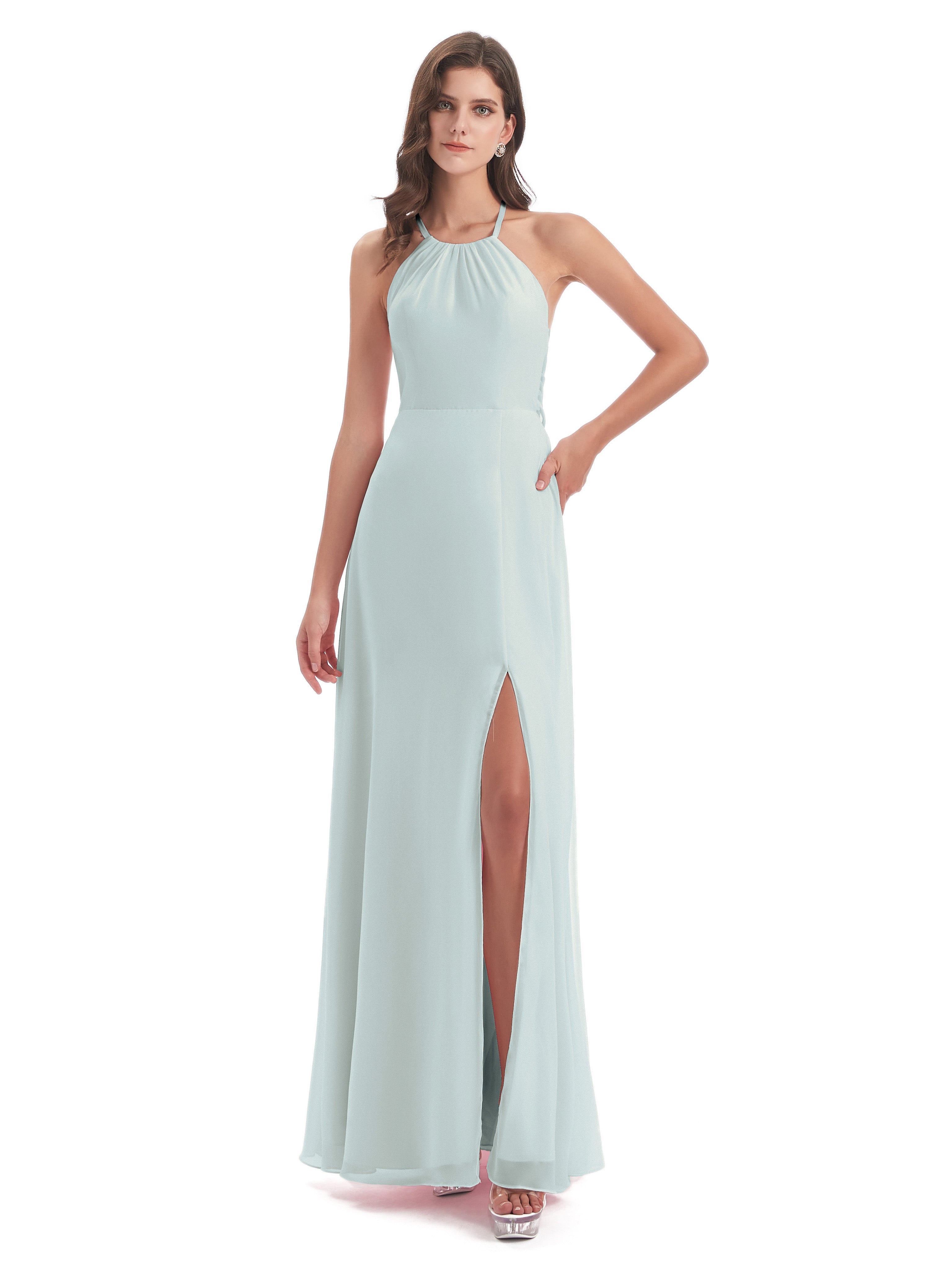 Robe Demoiselle D Honneur Celadon Dos Nu Licou Fendue Robes Demoiselle D'Honneur