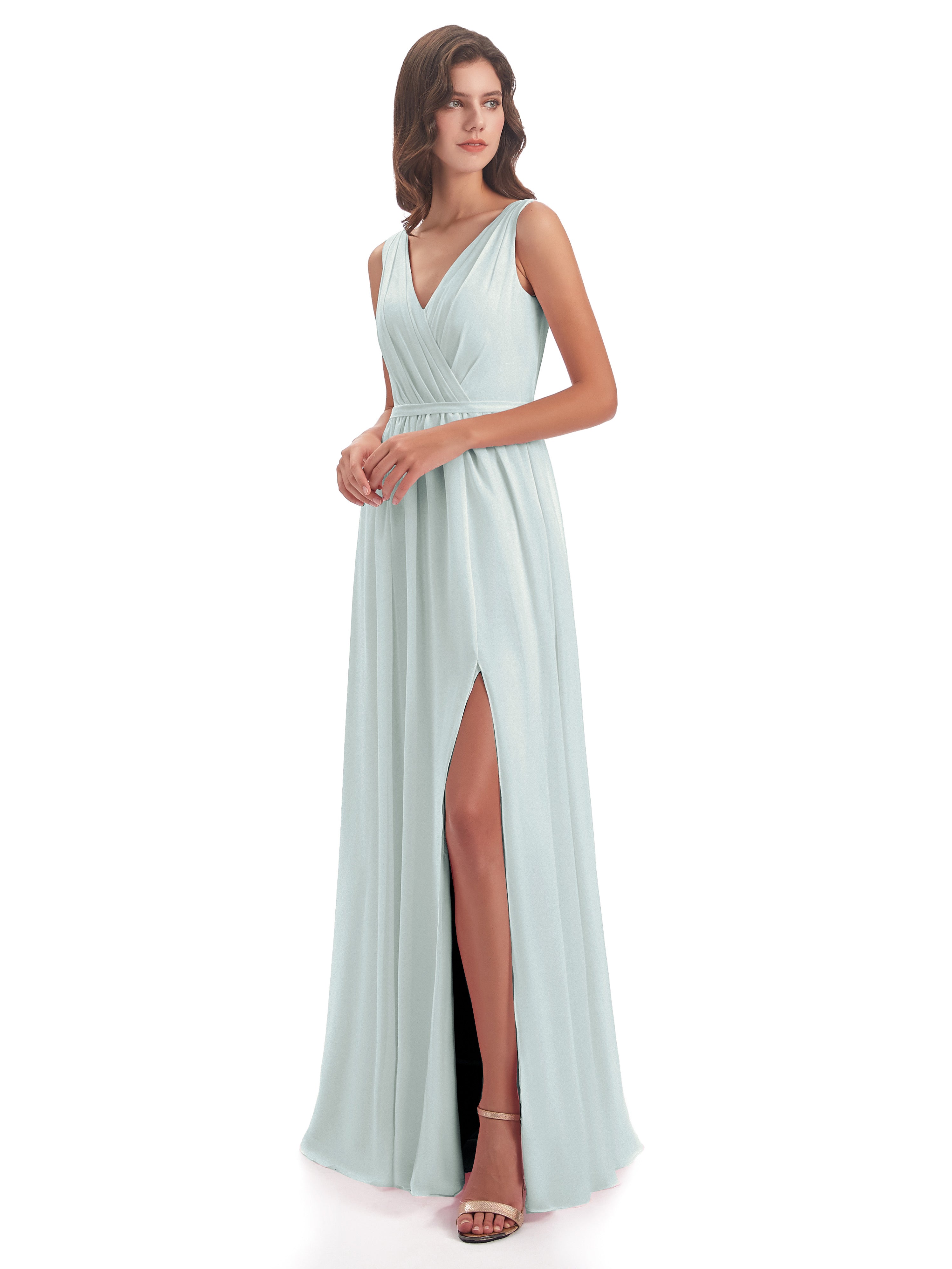 Robe Demoiselle D Honneur Celadon Bretelles Spaghetti Trapèze Mousseline Robes Demoiselle D'Honneur