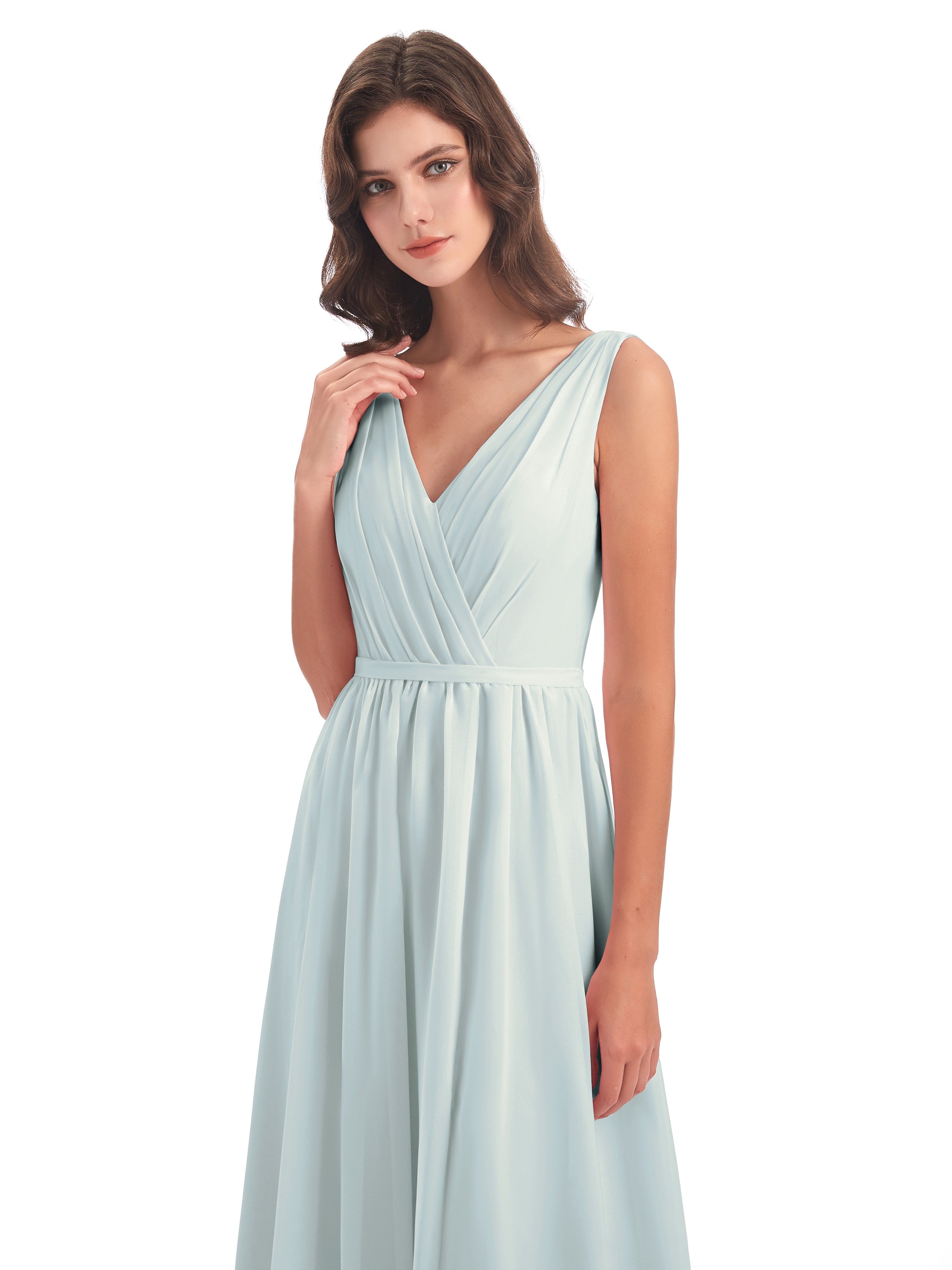 Robe Demoiselle D Honneur Celadon Bretelles Spaghetti Trapèze Mousseline Robes Demoiselle D'Honneur