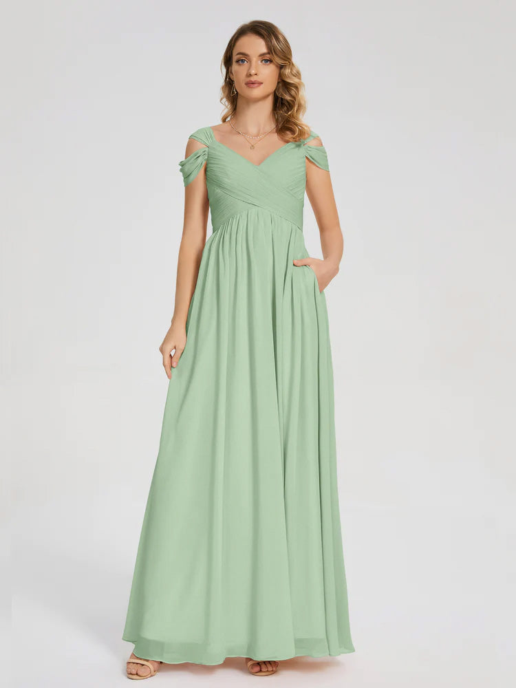 Robes De Demoiselle D'Honneur Couleur Sauge Poussiéreuse Fendue Col V Dos En V Mousseline Robes Demoiselle D'Honneur