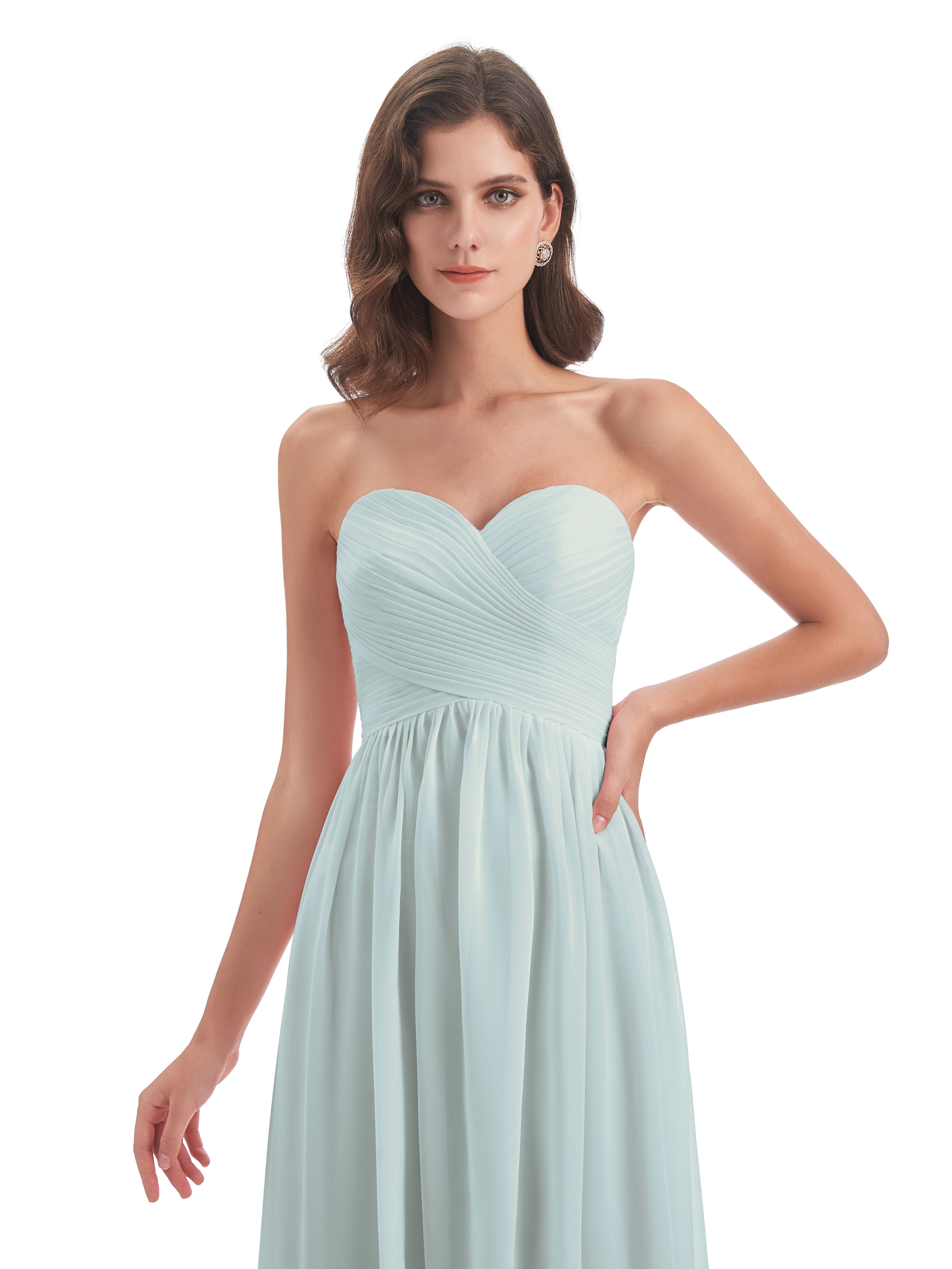 Robe Demoiselle D Honneur Vert Celadon Col Coeur Sans Manche Mousseline Robes Demoiselle D'Honneur