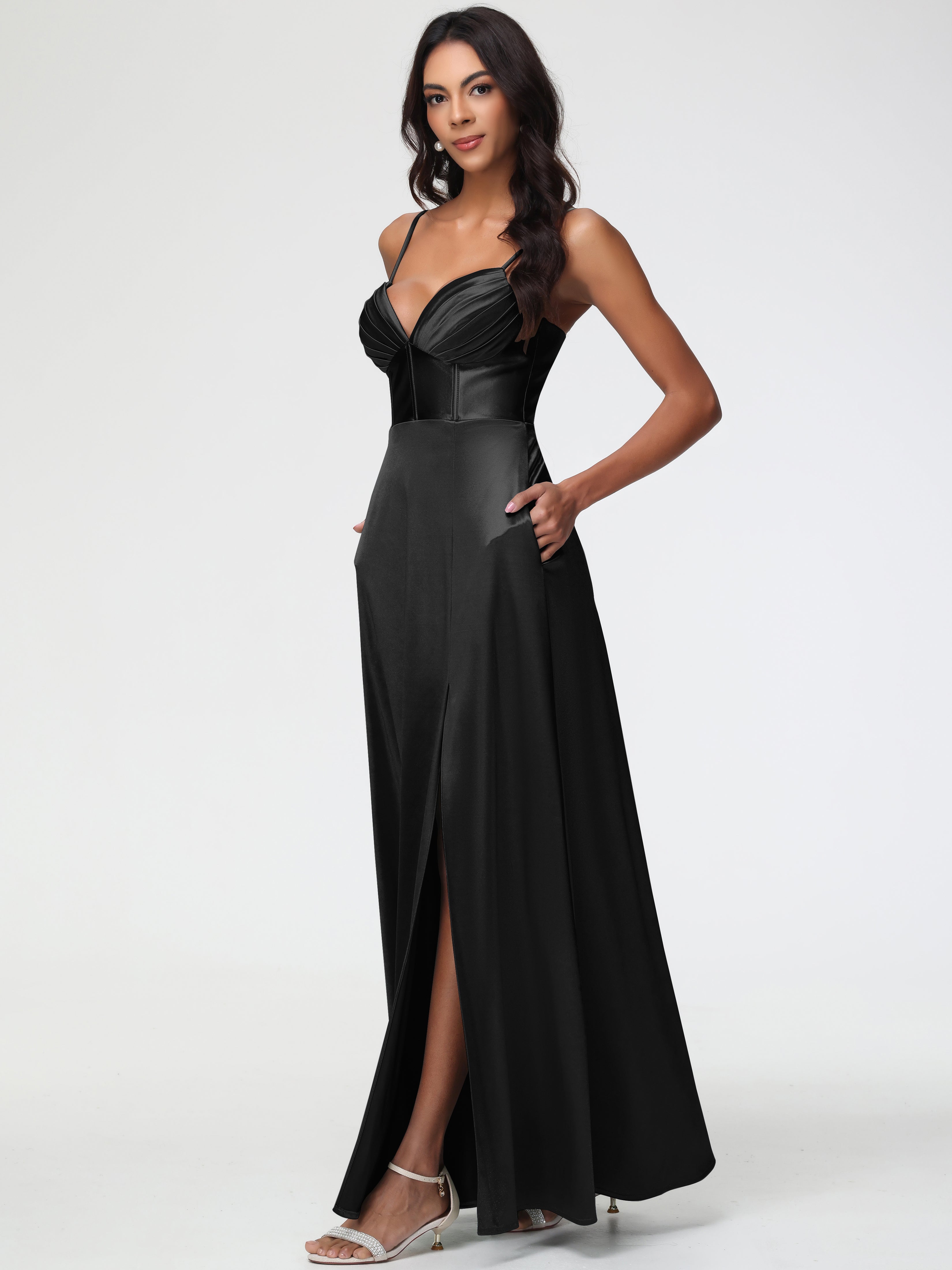 Robe De Demoiselle D Honneur Noir Bretelles Spaghetti Trapèze Satin Extensible Fendue Robe De Demoiselle D'Honneur