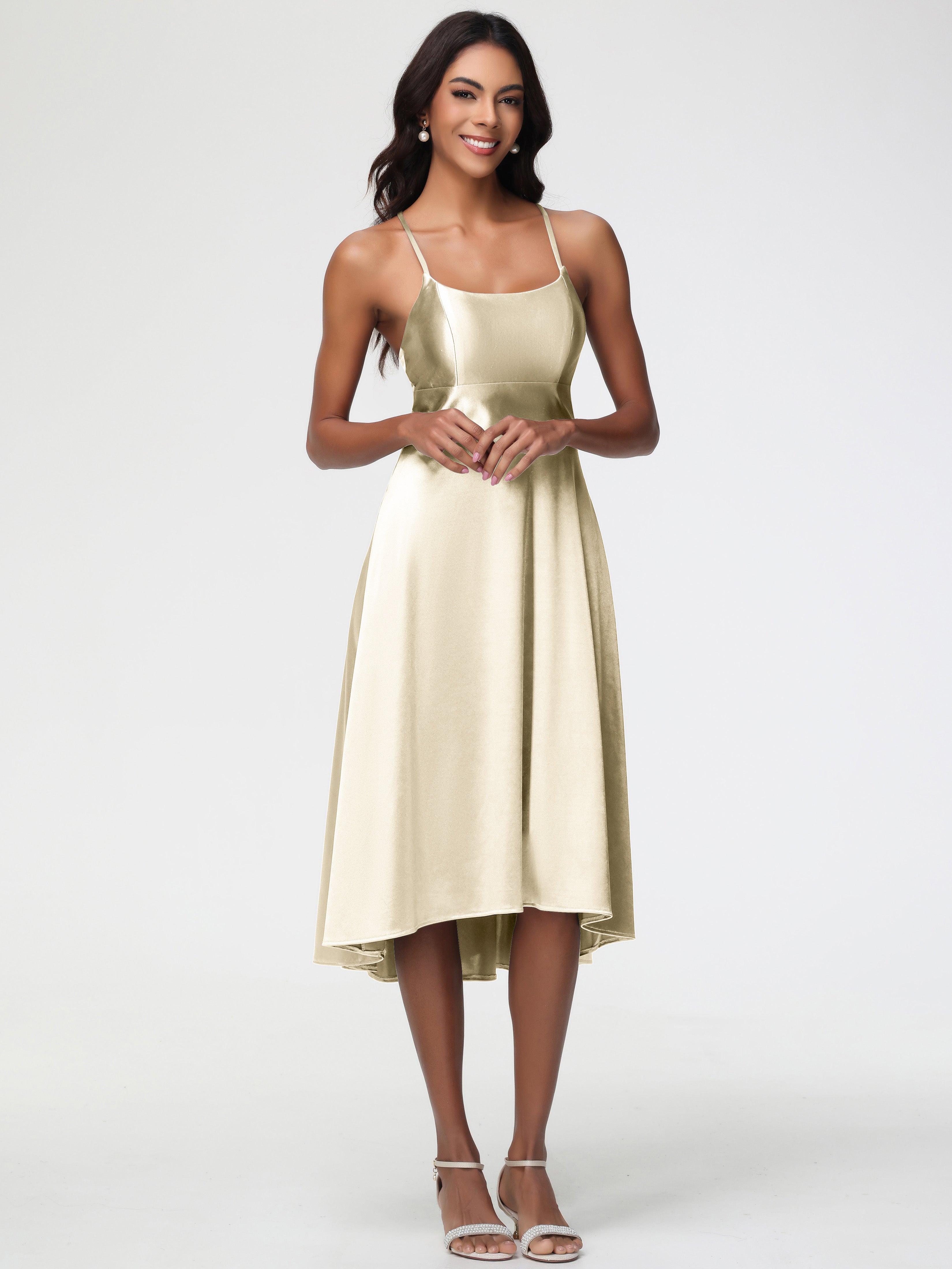 Robe Demoiselle D Honneur Champagne Bretelles Spaghetti Satin Extensible Robe Demoiselle D Honneur Asymétrique