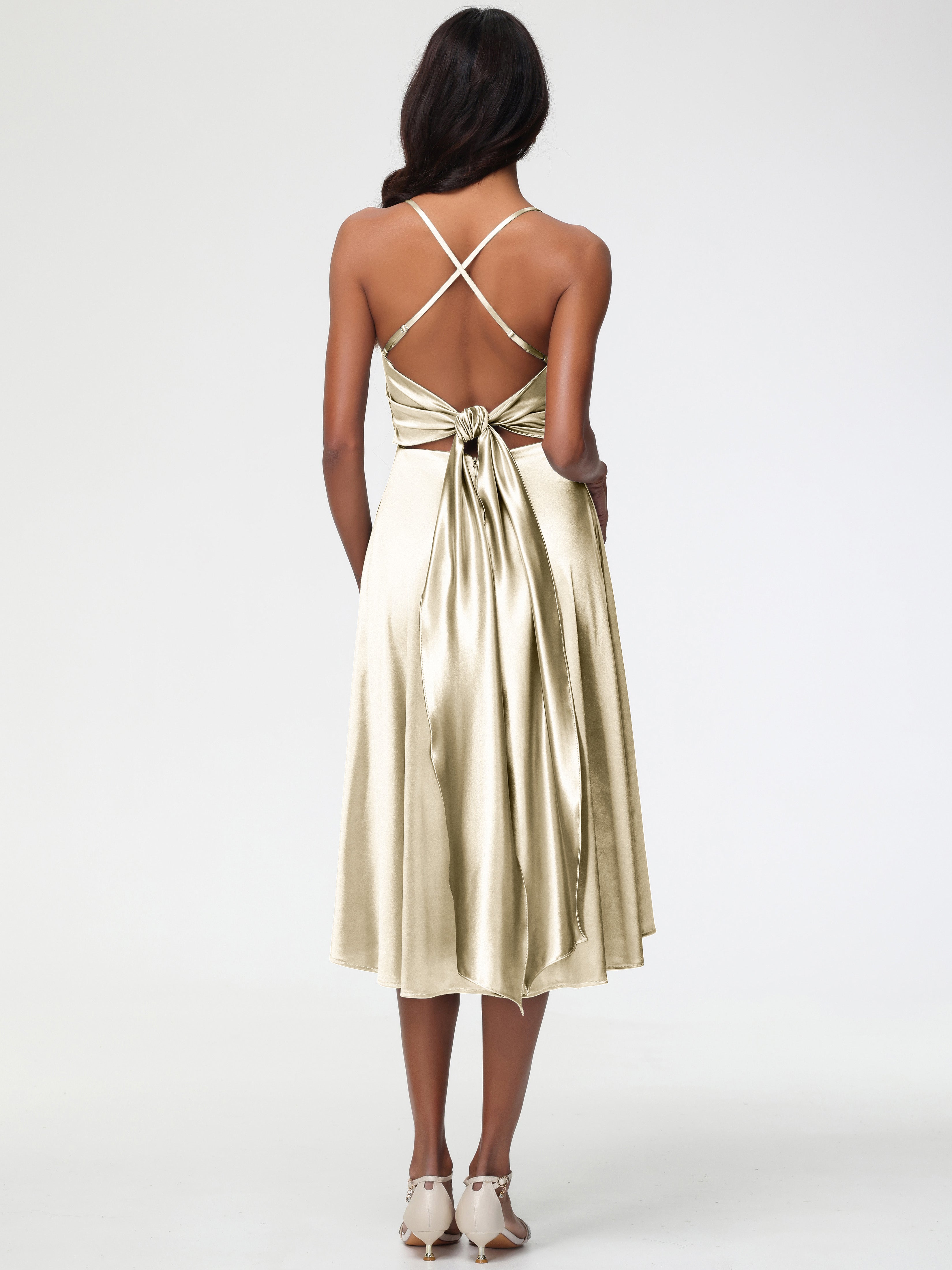 Robe Demoiselle D Honneur Champagne Bretelles Spaghetti Satin Extensible Robe Demoiselle D Honneur Asymétrique