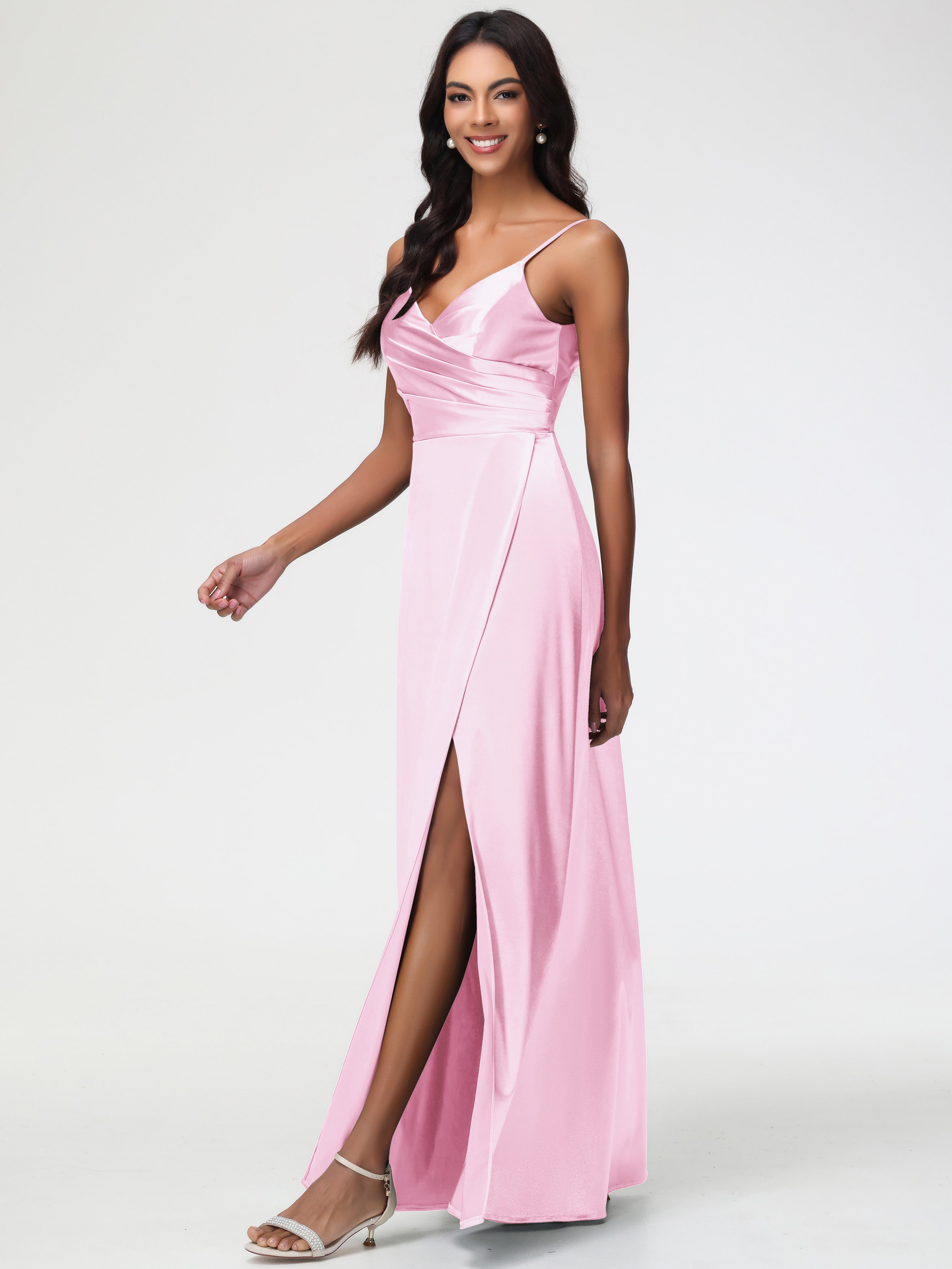 Robe Rose Pale Demoiselle D Honneur Col V Satin Extensible Fendue Robe De Demoiselle D'Honneur Longue Plissée