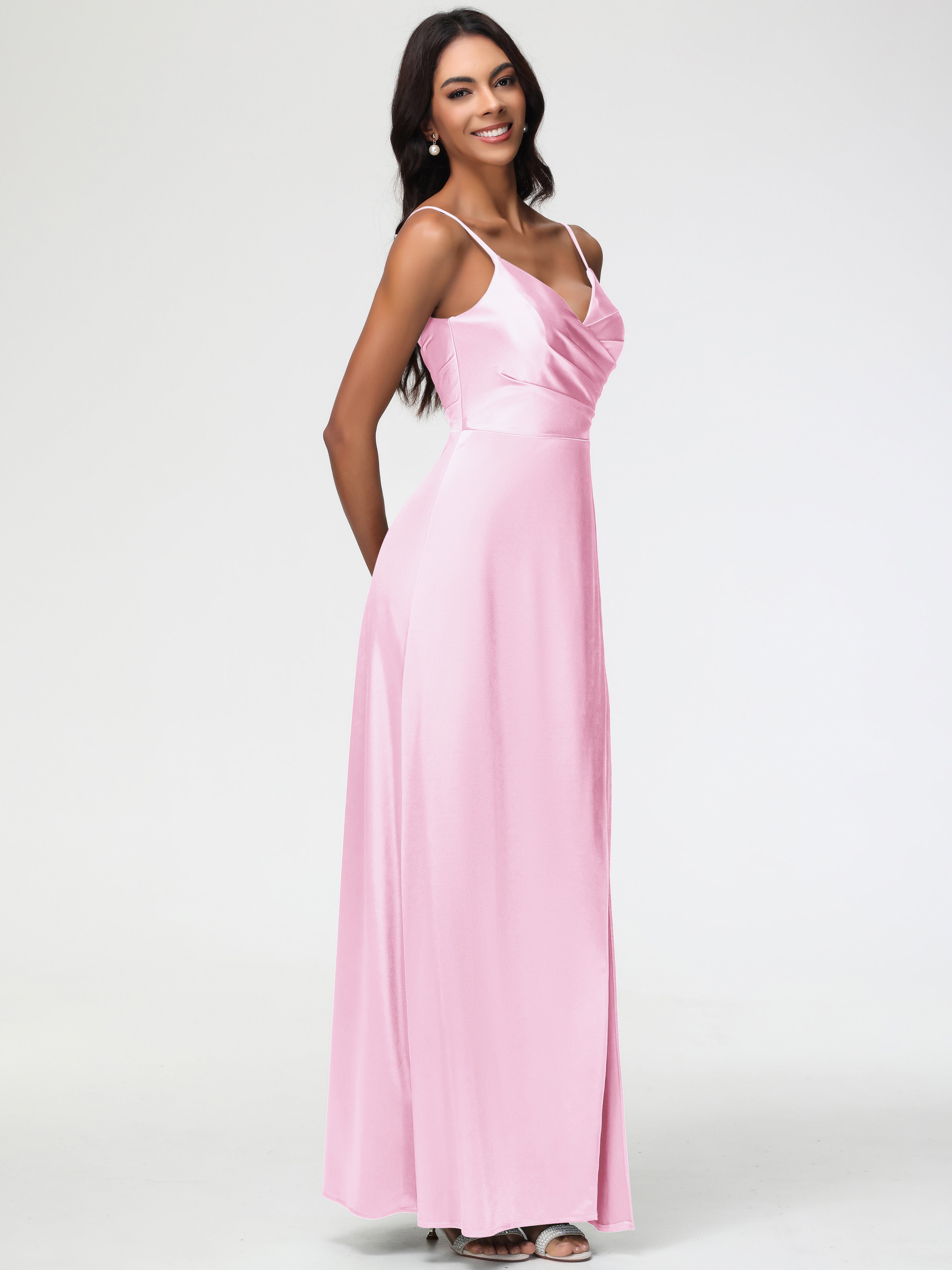 Robe Rose Pale Demoiselle D Honneur Col V Satin Extensible Fendue Robe De Demoiselle D'Honneur Longue Plissée