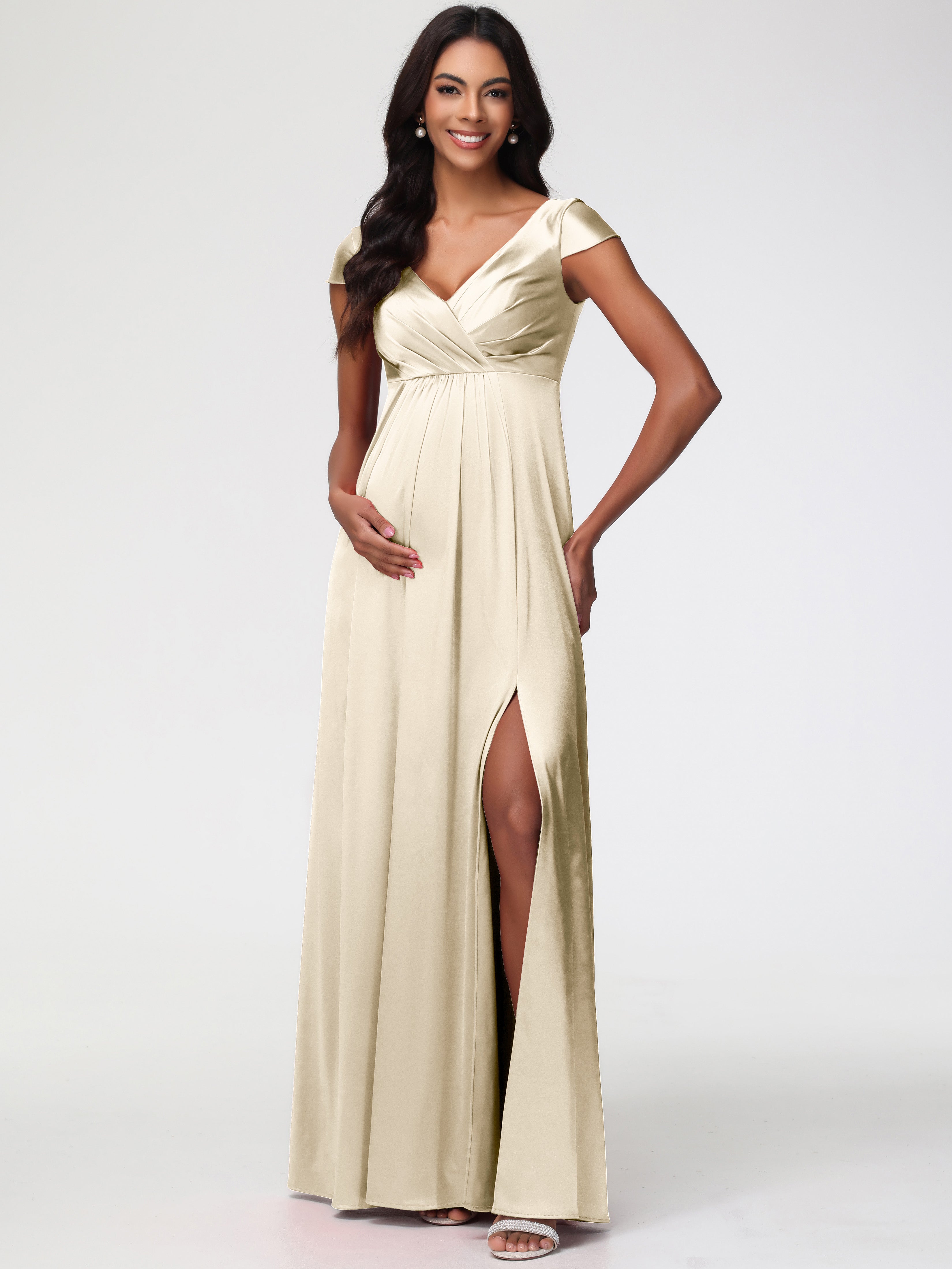 Robe Couleur Champagne Demoiselle D Honneur Col V Satin Extensible Robe Demoiselle D Honneur Manche Courte