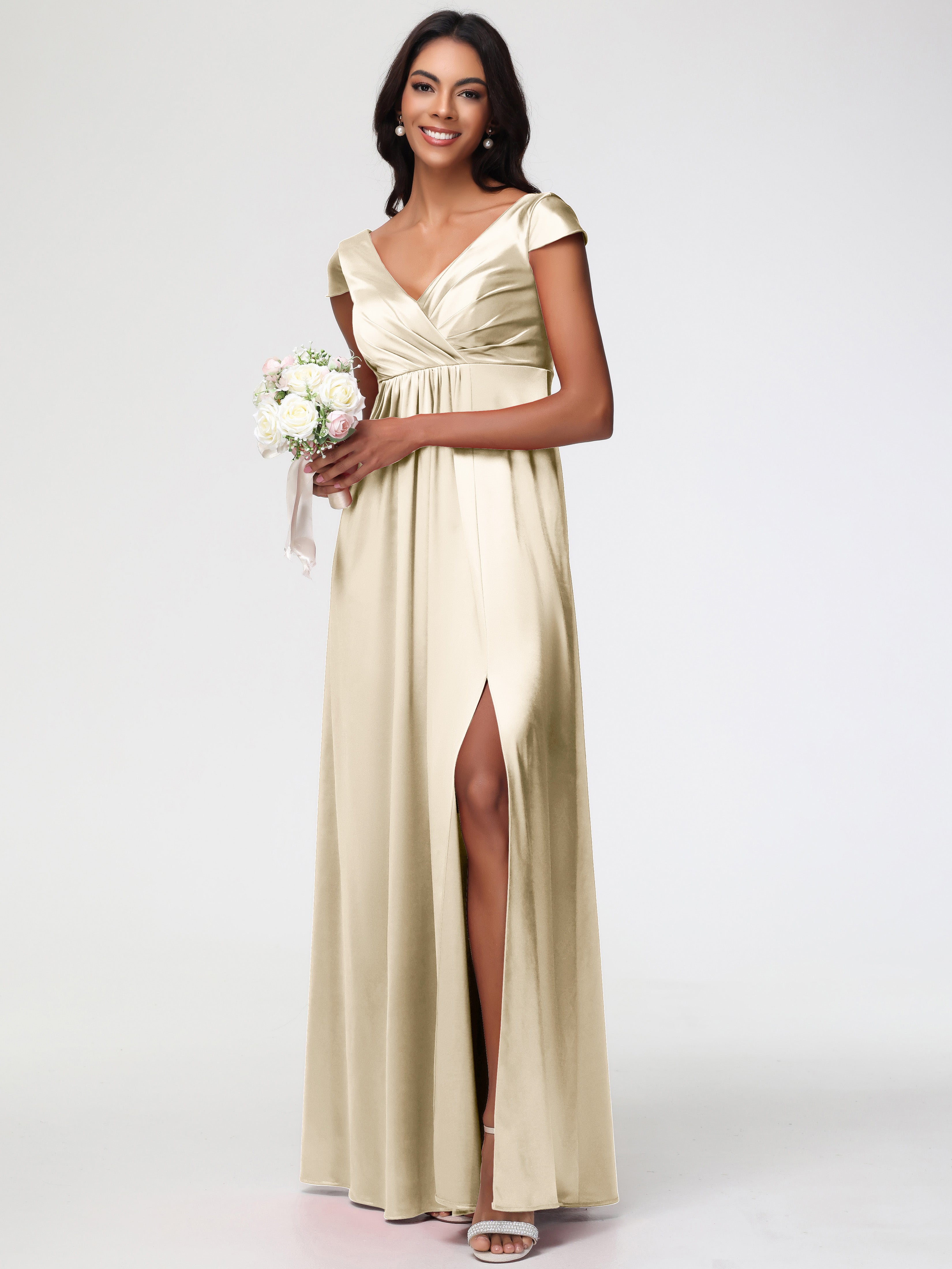 Robe Couleur Champagne Demoiselle D Honneur Col V Satin Extensible Robe Demoiselle D Honneur Manche Courte