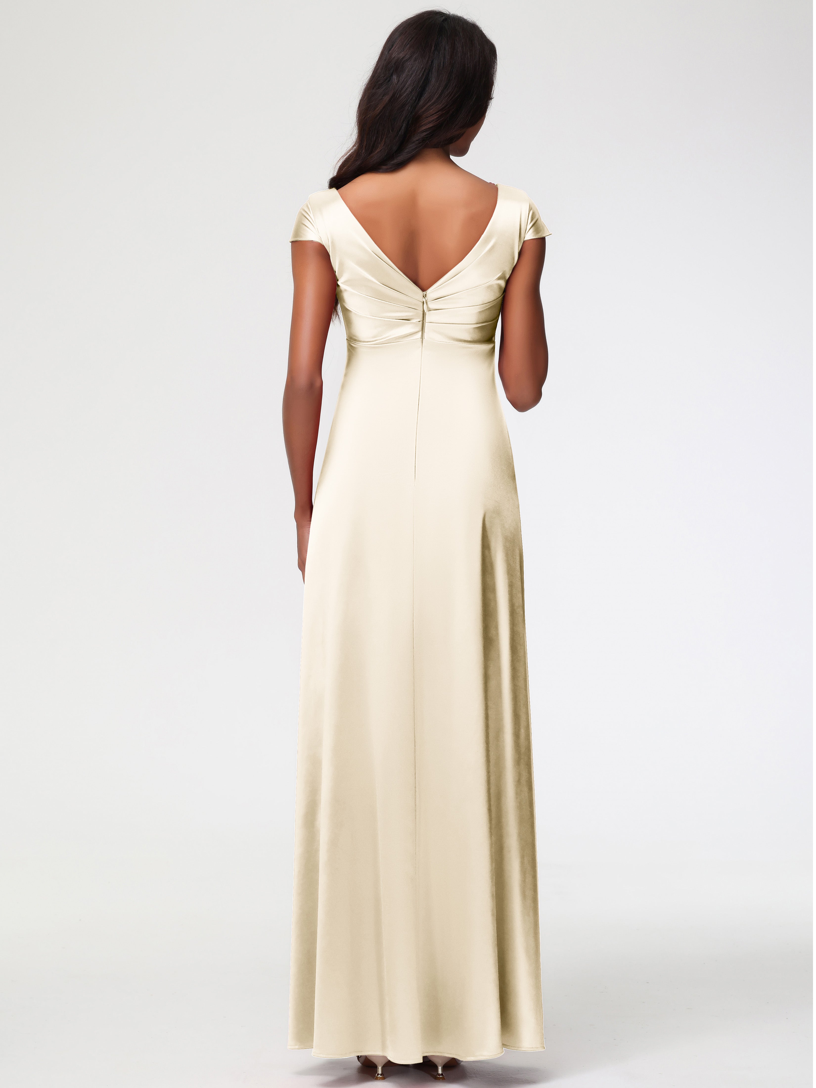 Robe Couleur Champagne Demoiselle D Honneur Col V Satin Extensible Robe Demoiselle D Honneur Manche Courte