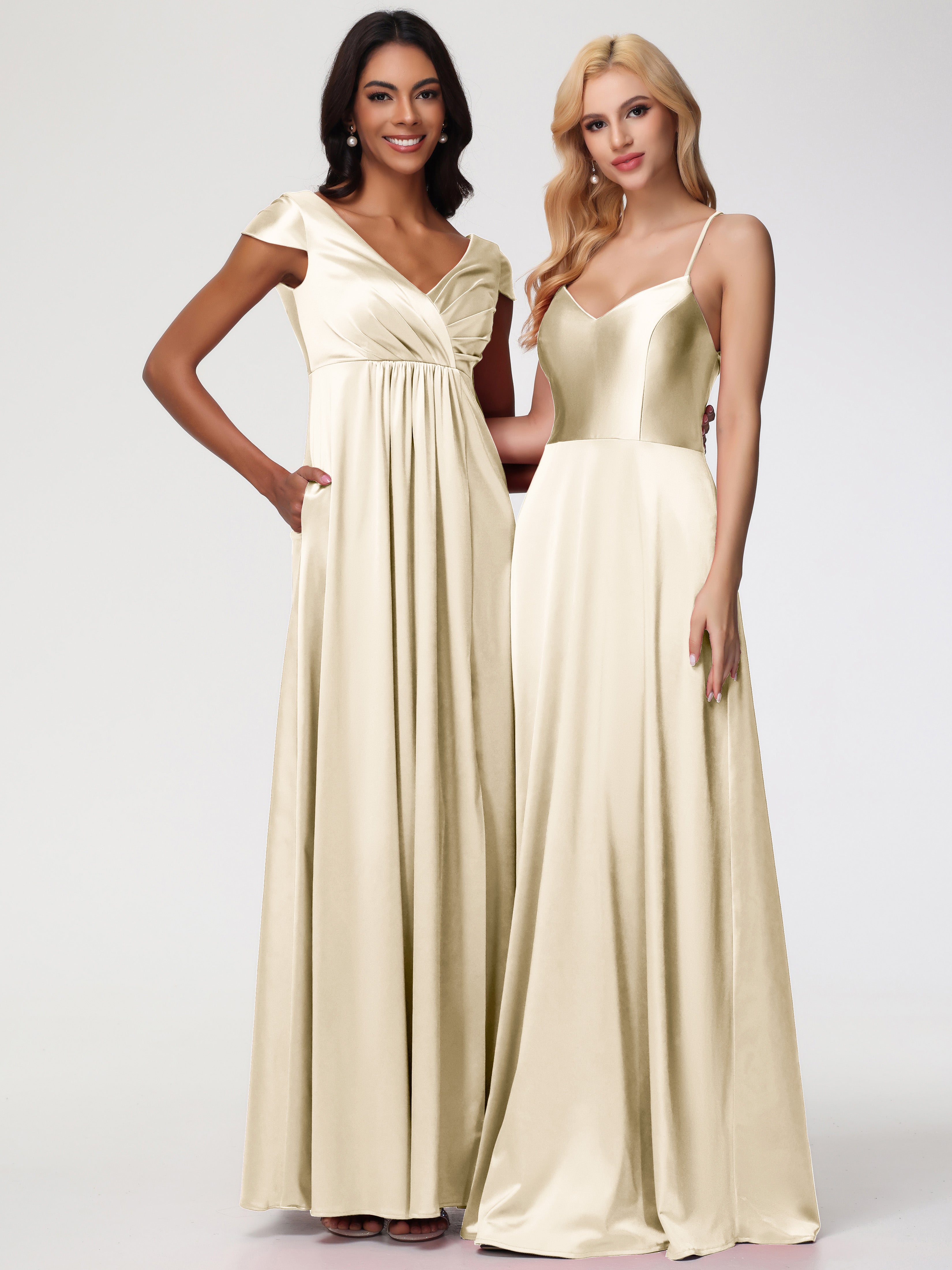 Robe Couleur Champagne Demoiselle D Honneur Col V Satin Extensible Robe Demoiselle D Honneur Manche Courte