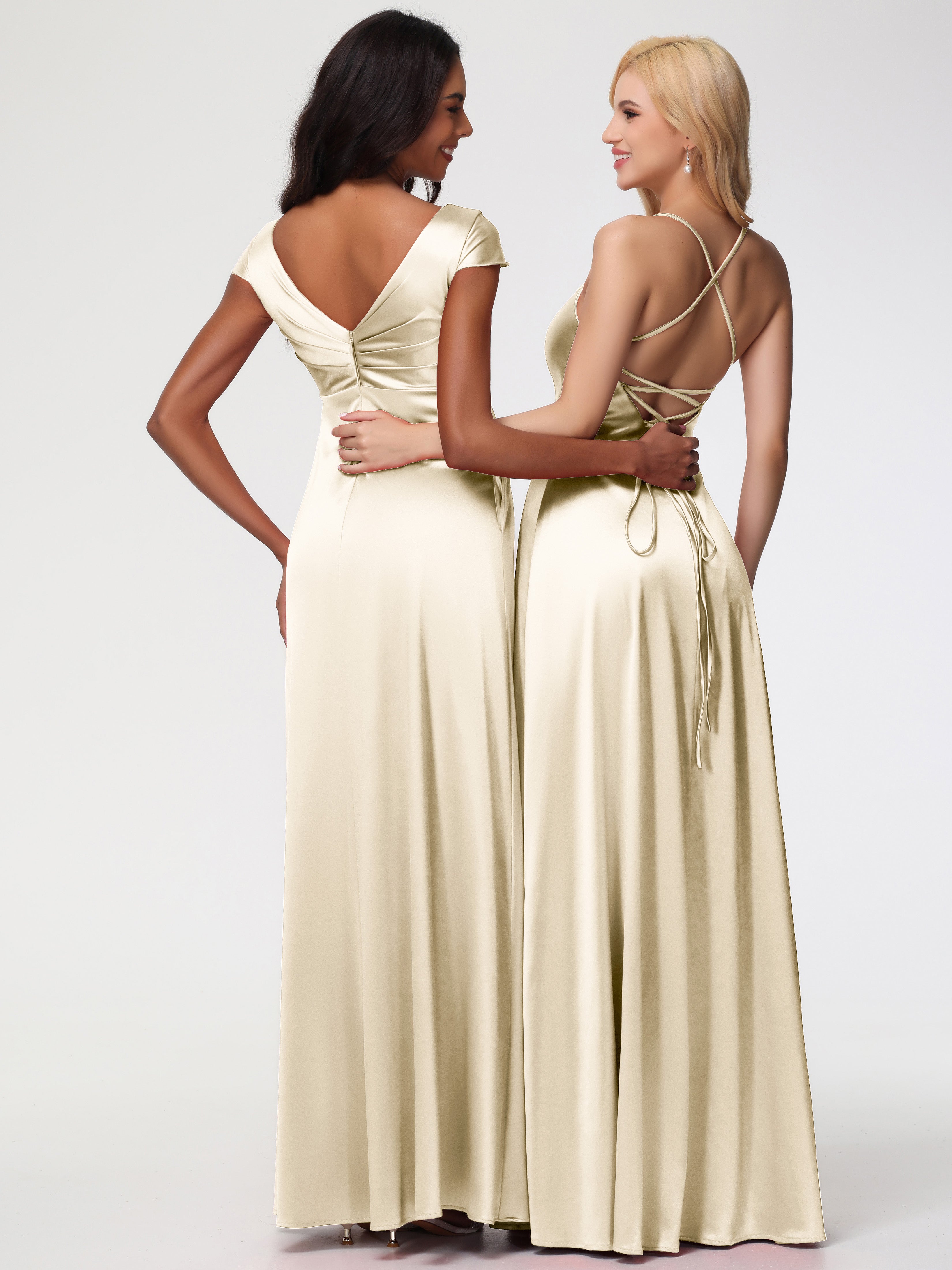 Robe Couleur Champagne Demoiselle D Honneur Col V Satin Extensible Robe Demoiselle D Honneur Manche Courte