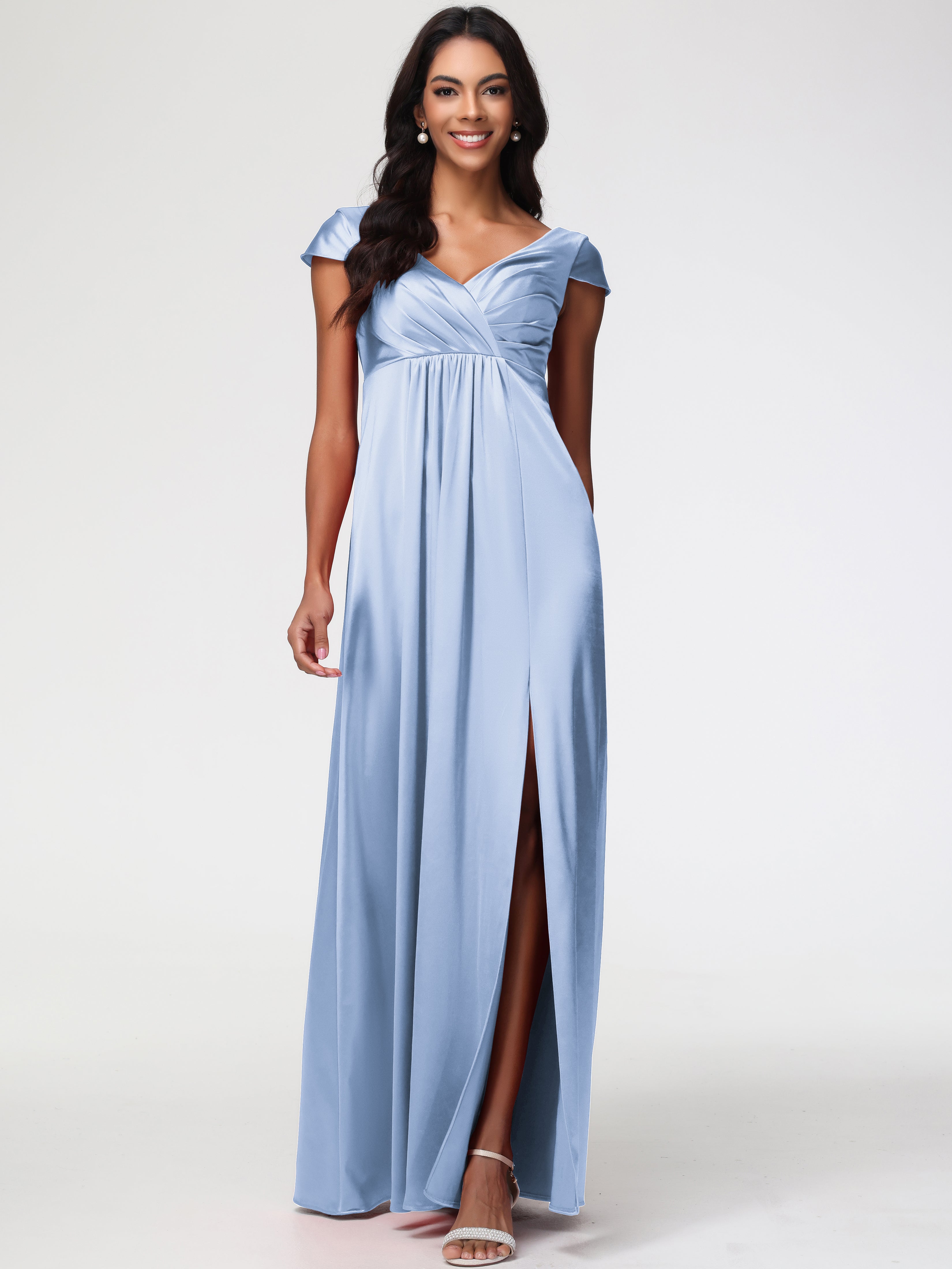 Robe Bleu Ciel Demoiselle D Honneur Col V Satin Extensible Robe Demoiselle D Honneur Manche Courte