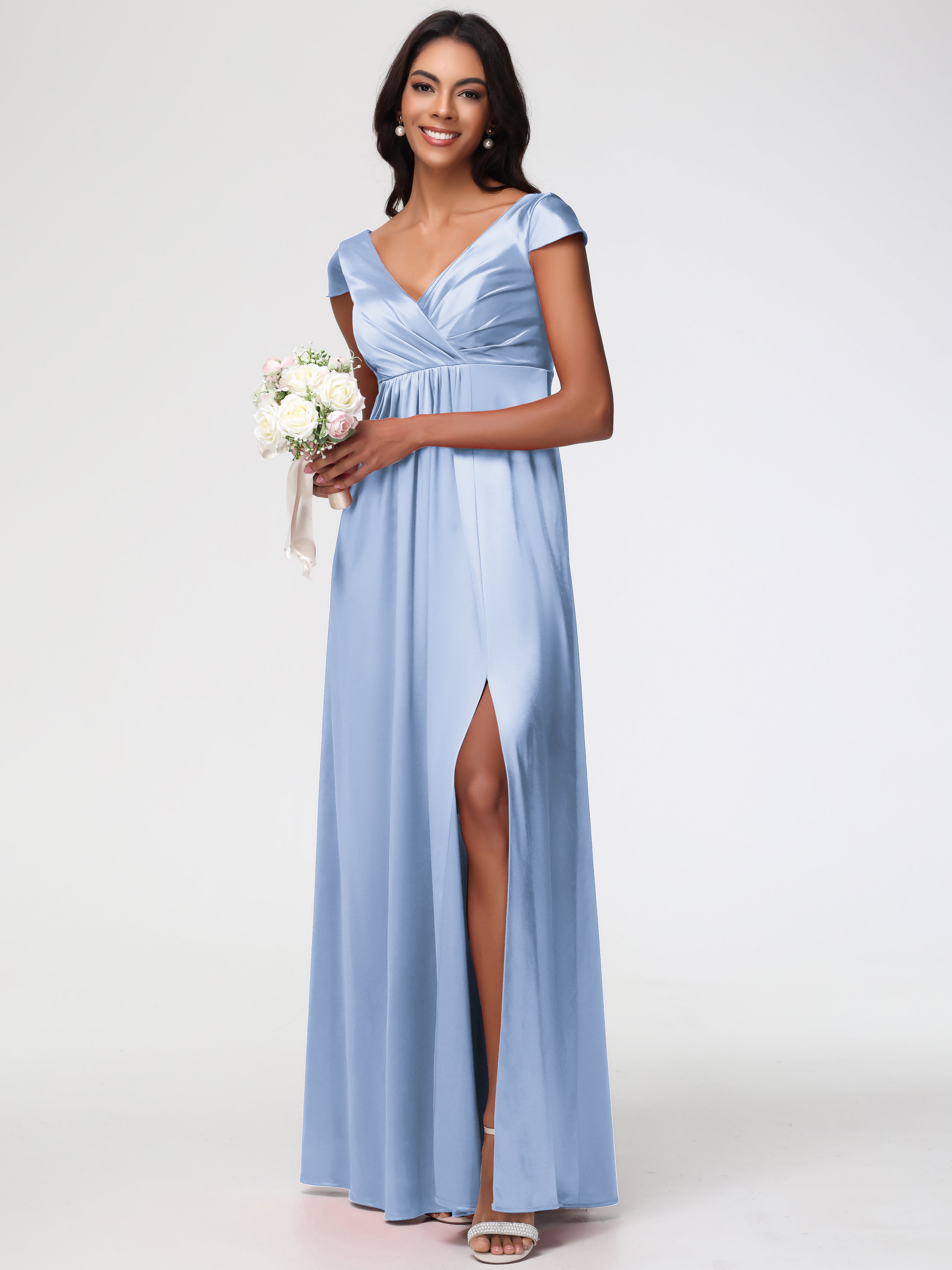 Robe Bleu Ciel Demoiselle D Honneur Col V Satin Extensible Robe Demoiselle D Honneur Manche Courte