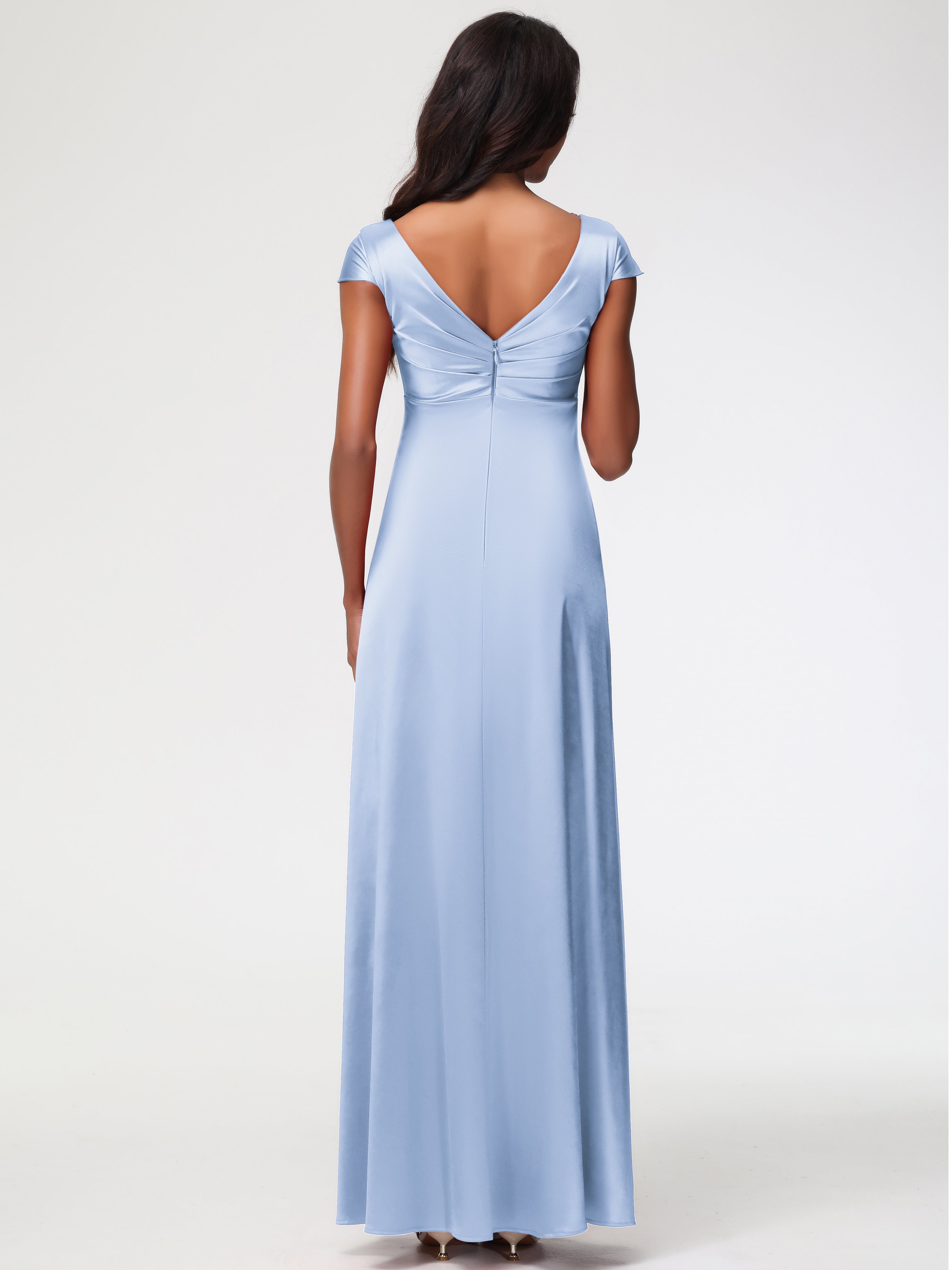 Robe Bleu Ciel Demoiselle D Honneur Col V Satin Extensible Robe Demoiselle D Honneur Manche Courte