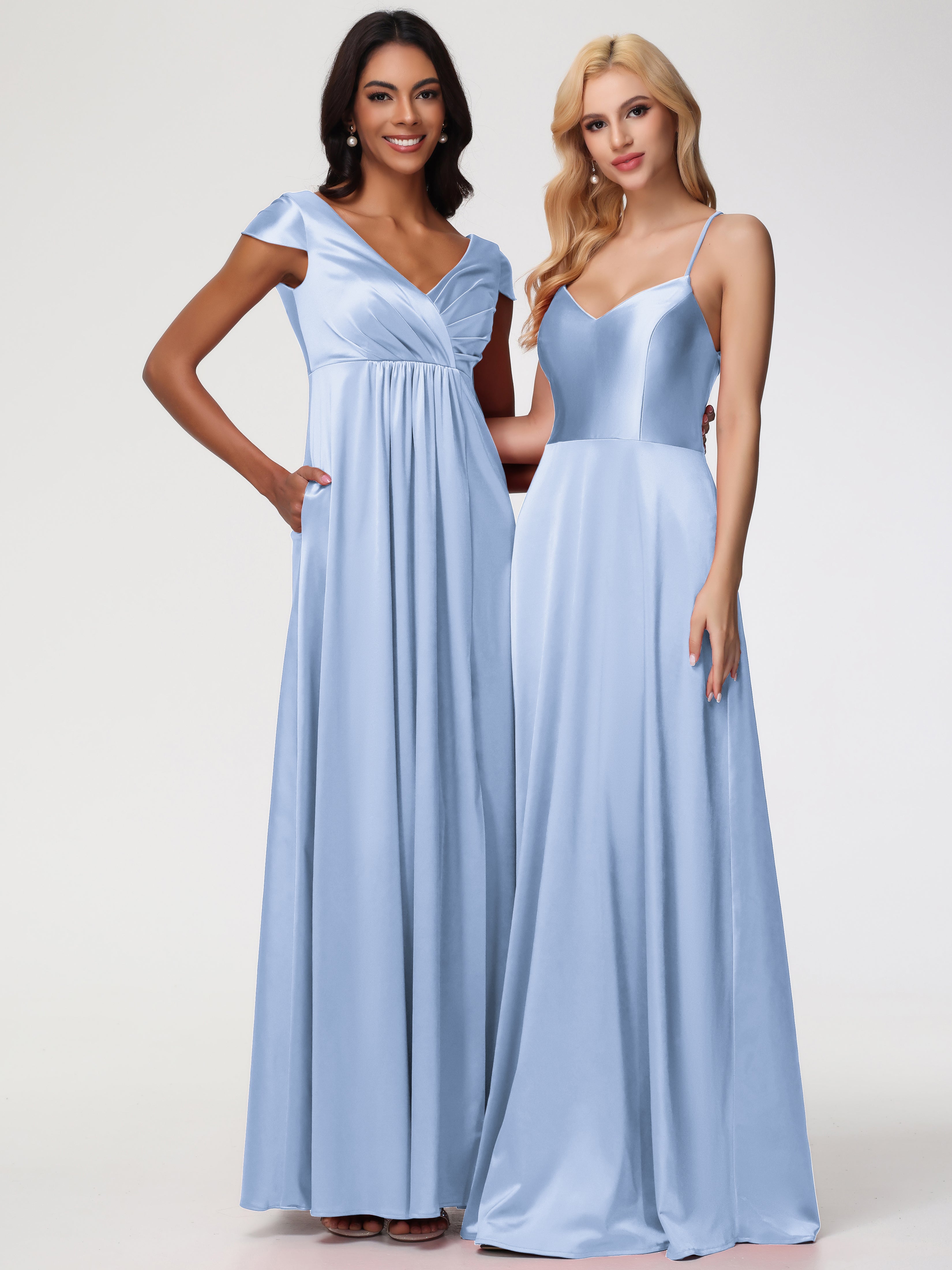 Robe Bleu Ciel Demoiselle D Honneur Col V Satin Extensible Robe Demoiselle D Honneur Manche Courte