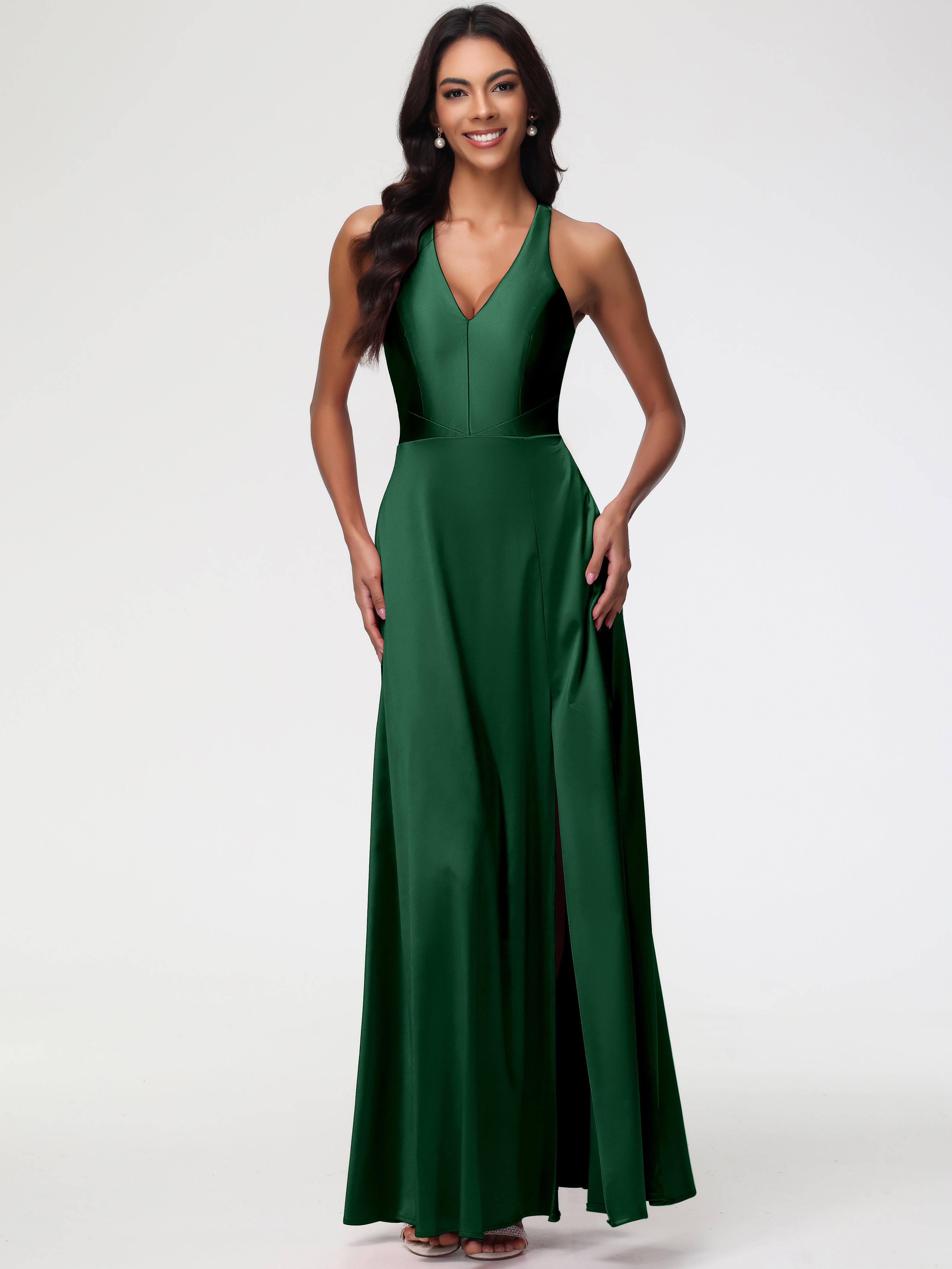 Robe Demoiselle D Honneur Vert Fonce Col V Satin Extensible Fourreau/Colonne Robe De Demoiselle D'Honneur