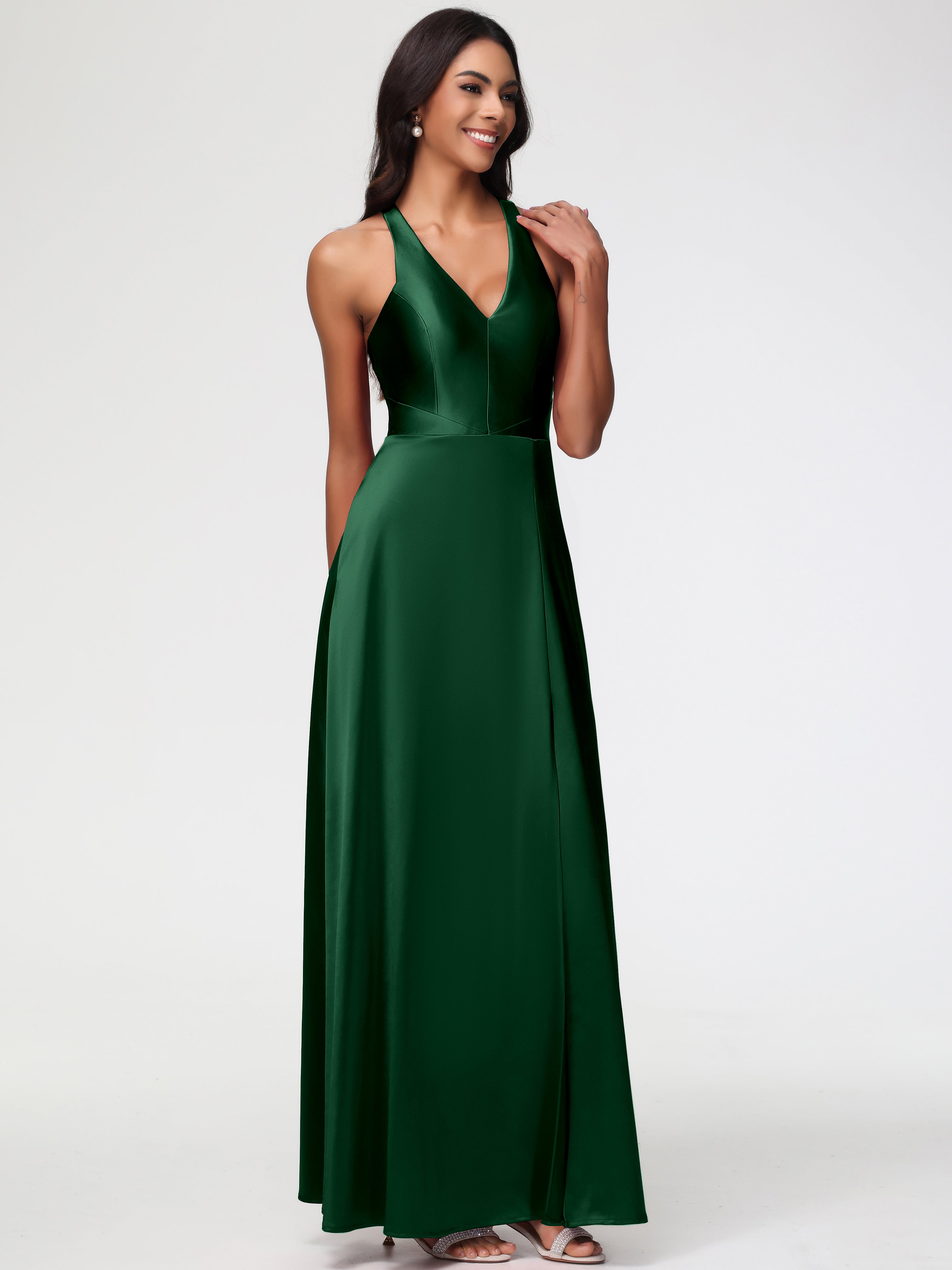 Robe Demoiselle D Honneur Vert Fonce Col V Satin Extensible Fourreau/Colonne Robe De Demoiselle D'Honneur