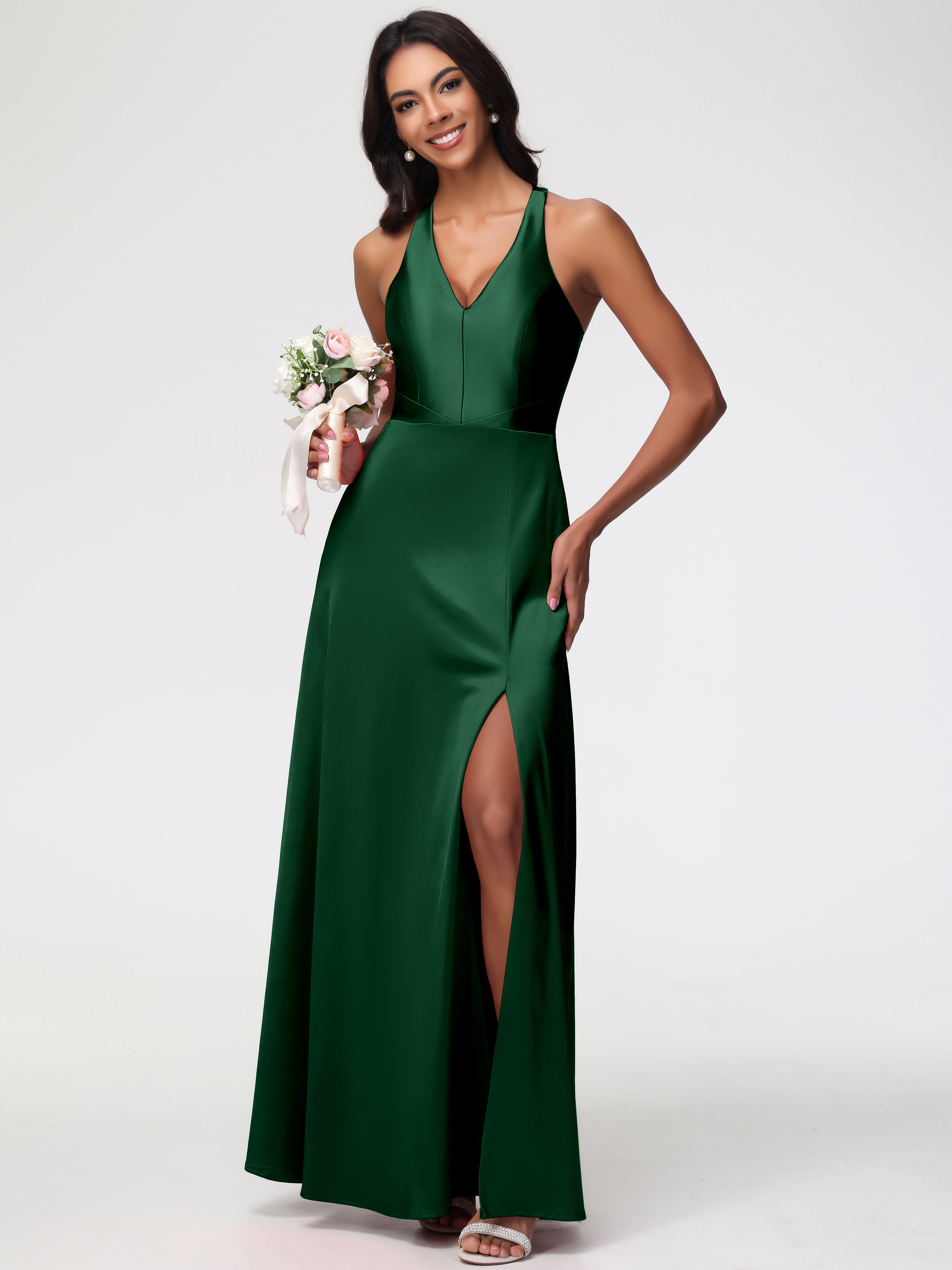 Robe Demoiselle D Honneur Vert Fonce Col V Satin Extensible Fourreau/Colonne Robe De Demoiselle D'Honneur