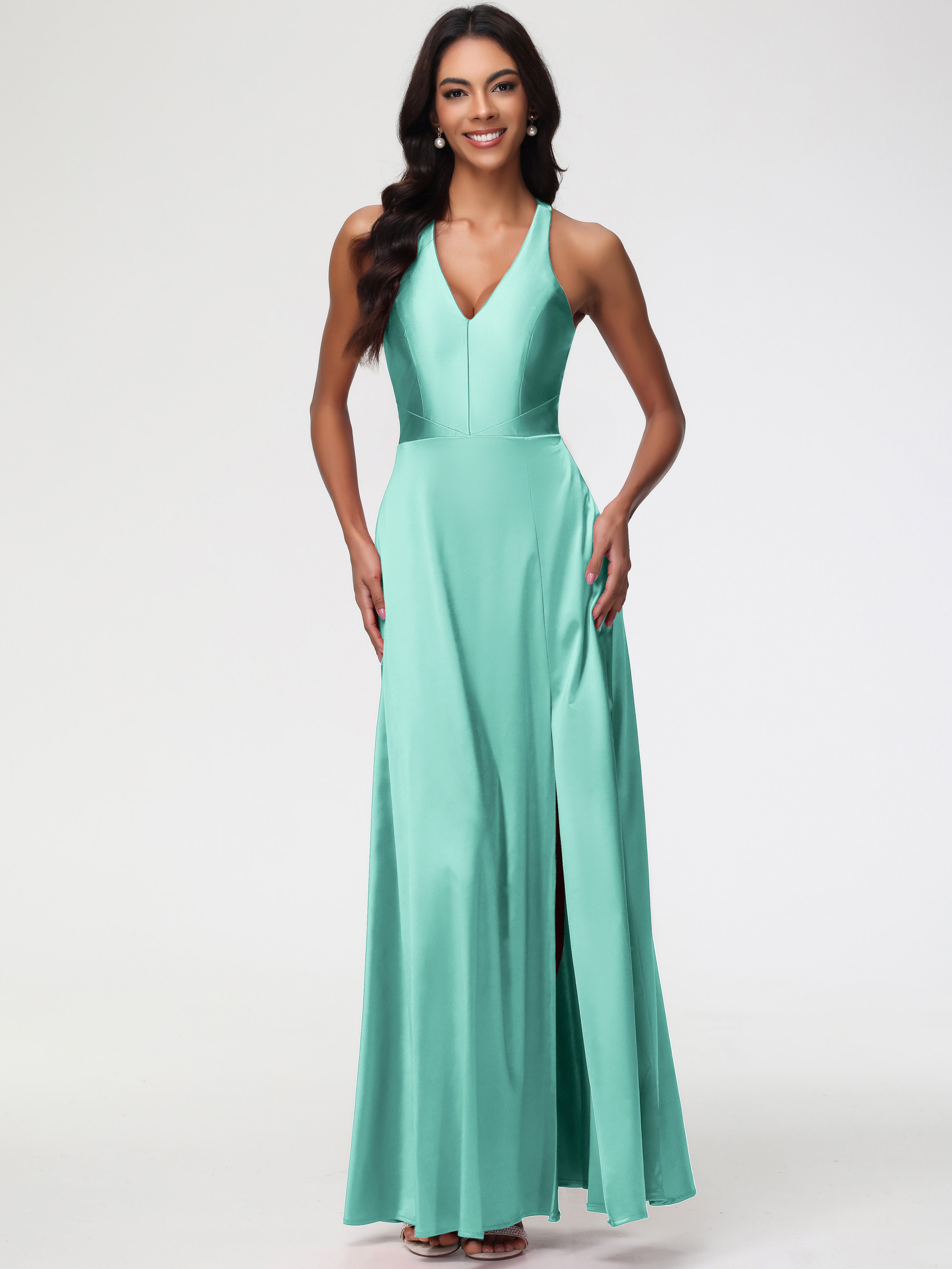 Robe Demoiselle D Honneur Vert Menthe Col V Satin Extensible Fourreau/Colonne Robe De Demoiselle D'Honneur