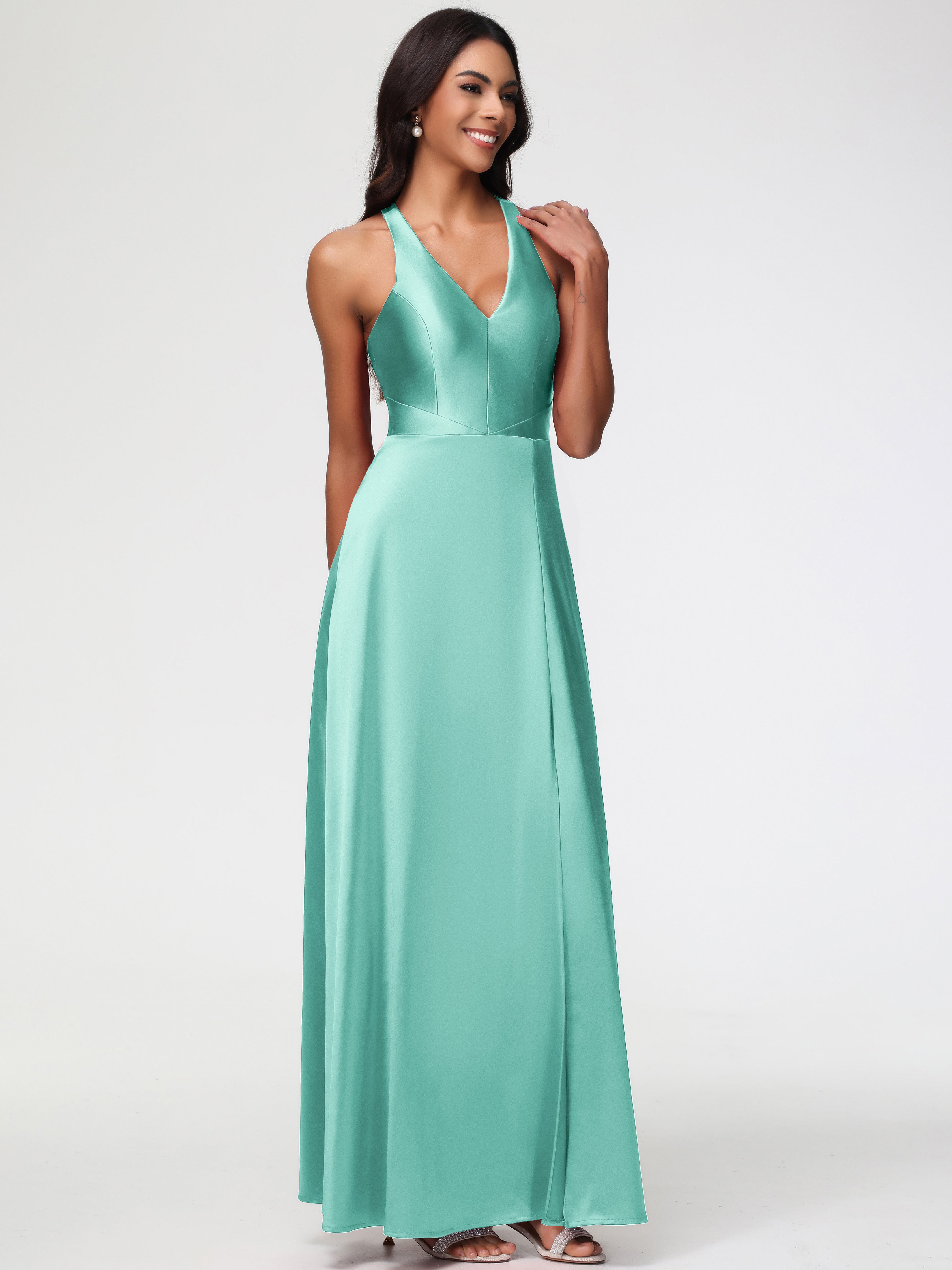 Robe Demoiselle D Honneur Vert Menthe Col V Satin Extensible Fourreau/Colonne Robe De Demoiselle D'Honneur