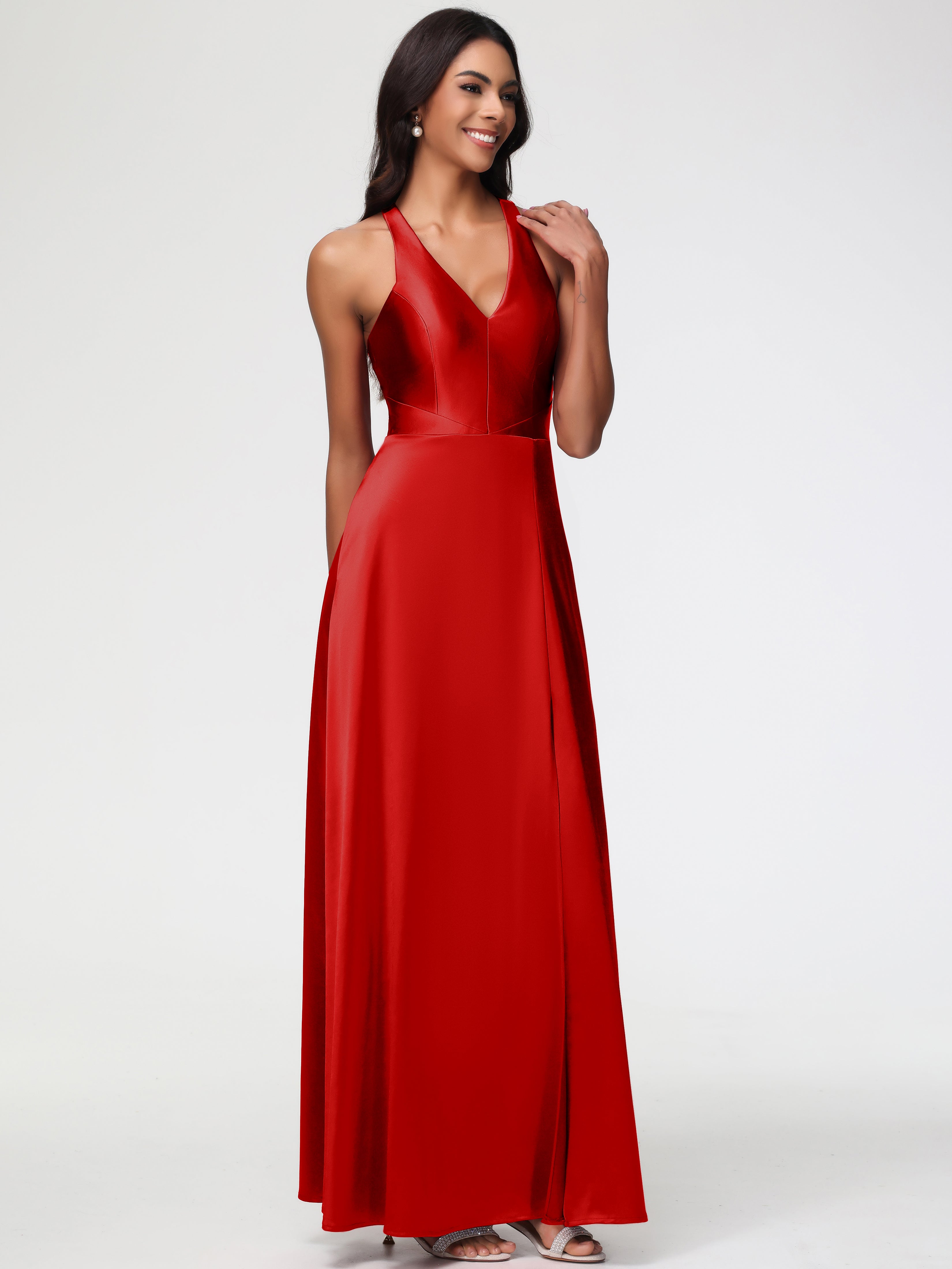 Robe Demoiselle D Honneur Rouge Col V Satin Extensible Fourreau/Colonne Robe De Demoiselle D'Honneur