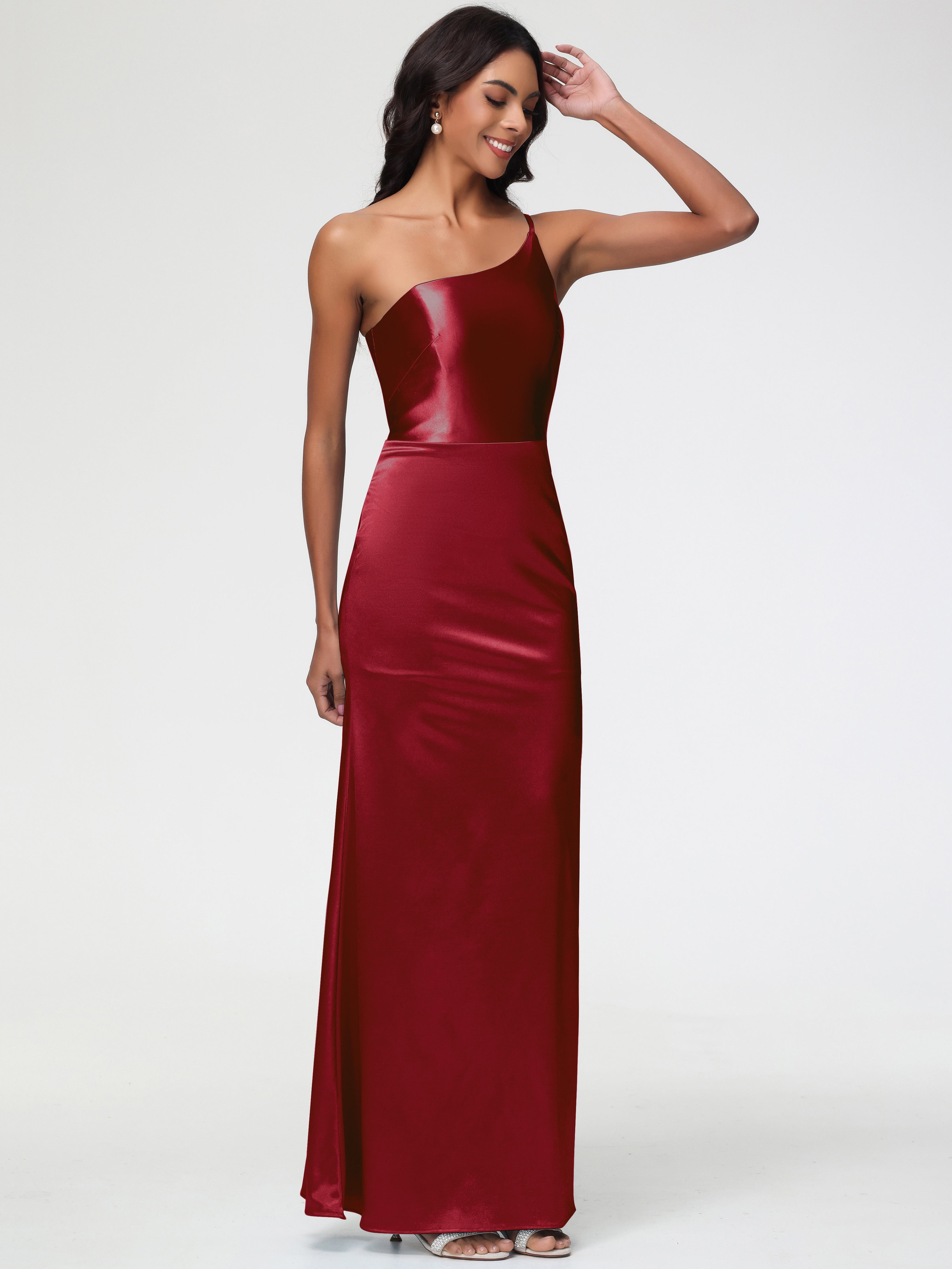 Robe Demoiselle D Honneur A Bordeaux Seule-Épaule Satin Extensible Robe Sirène Demoiselle D Honneur