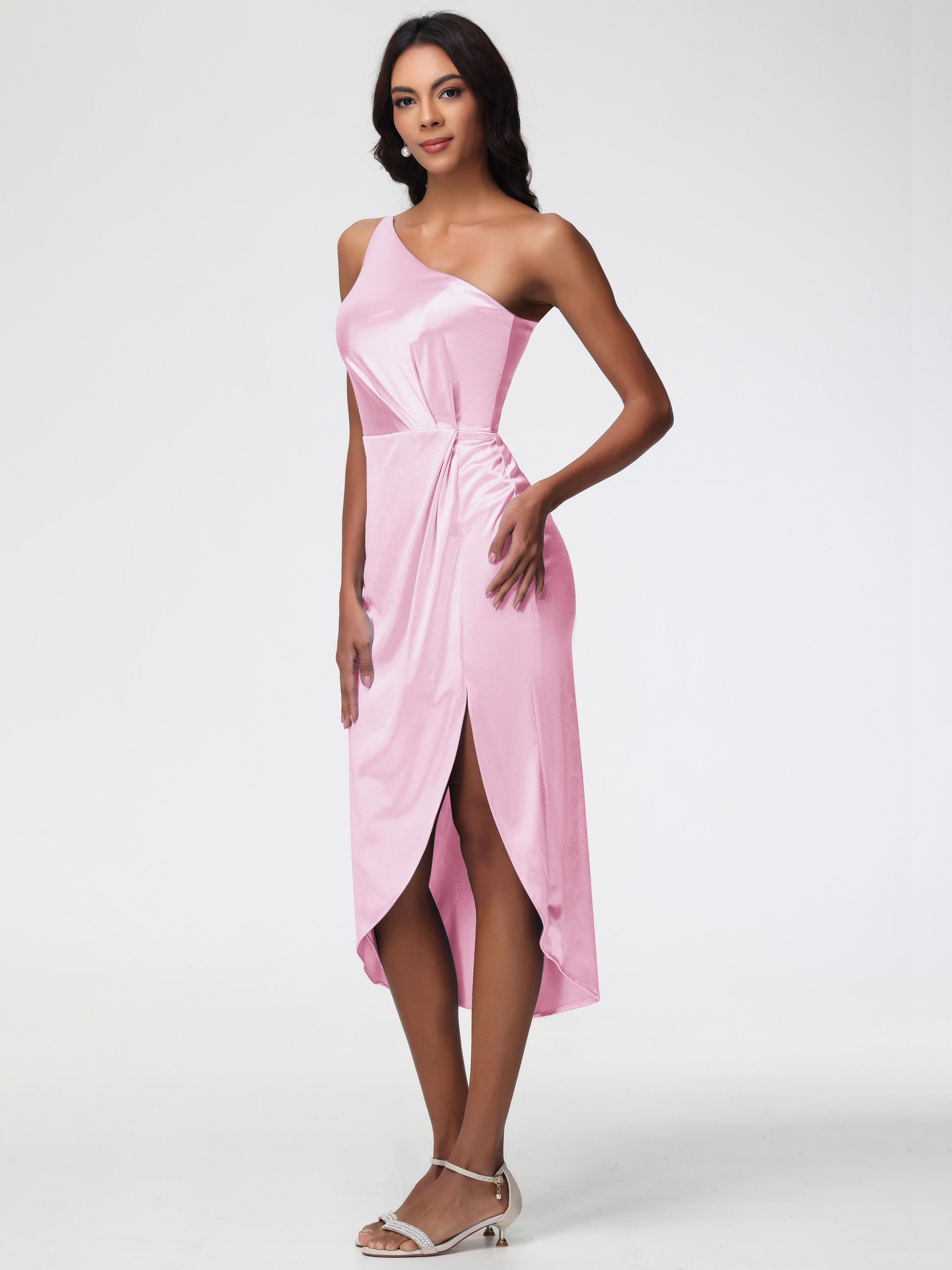 Robe Demoiselle D Honneur Rose Pale Seule-Épaule Mi-Longue Fendue Satin Extensible Robe De Demoiselle D'Honneur