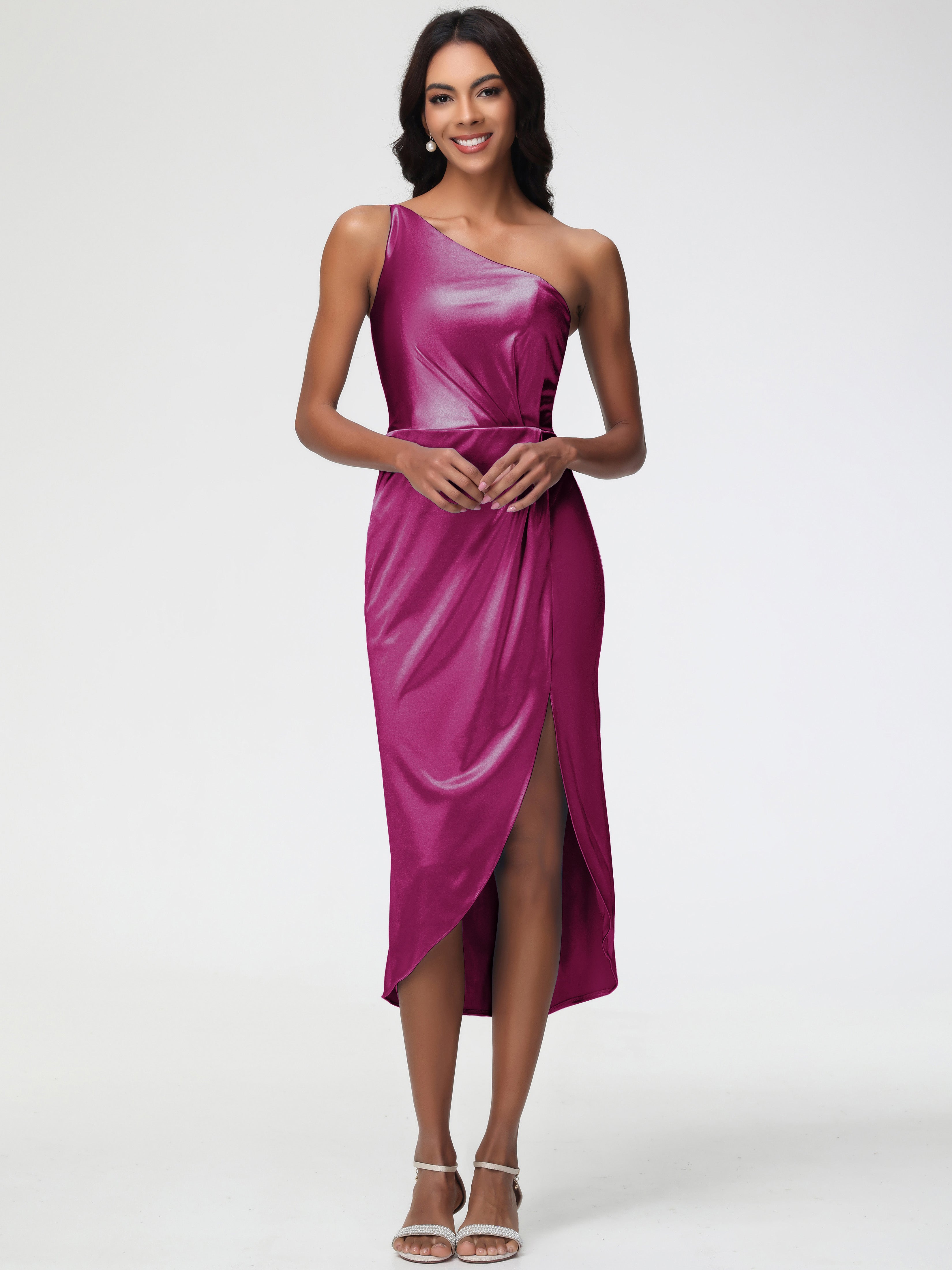 Robe Rose Fuchsia Demoiselle D Honneur Seule-Épaule Mi-Longue Fendue Satin Extensible Robe De Demoiselle D'Honneur