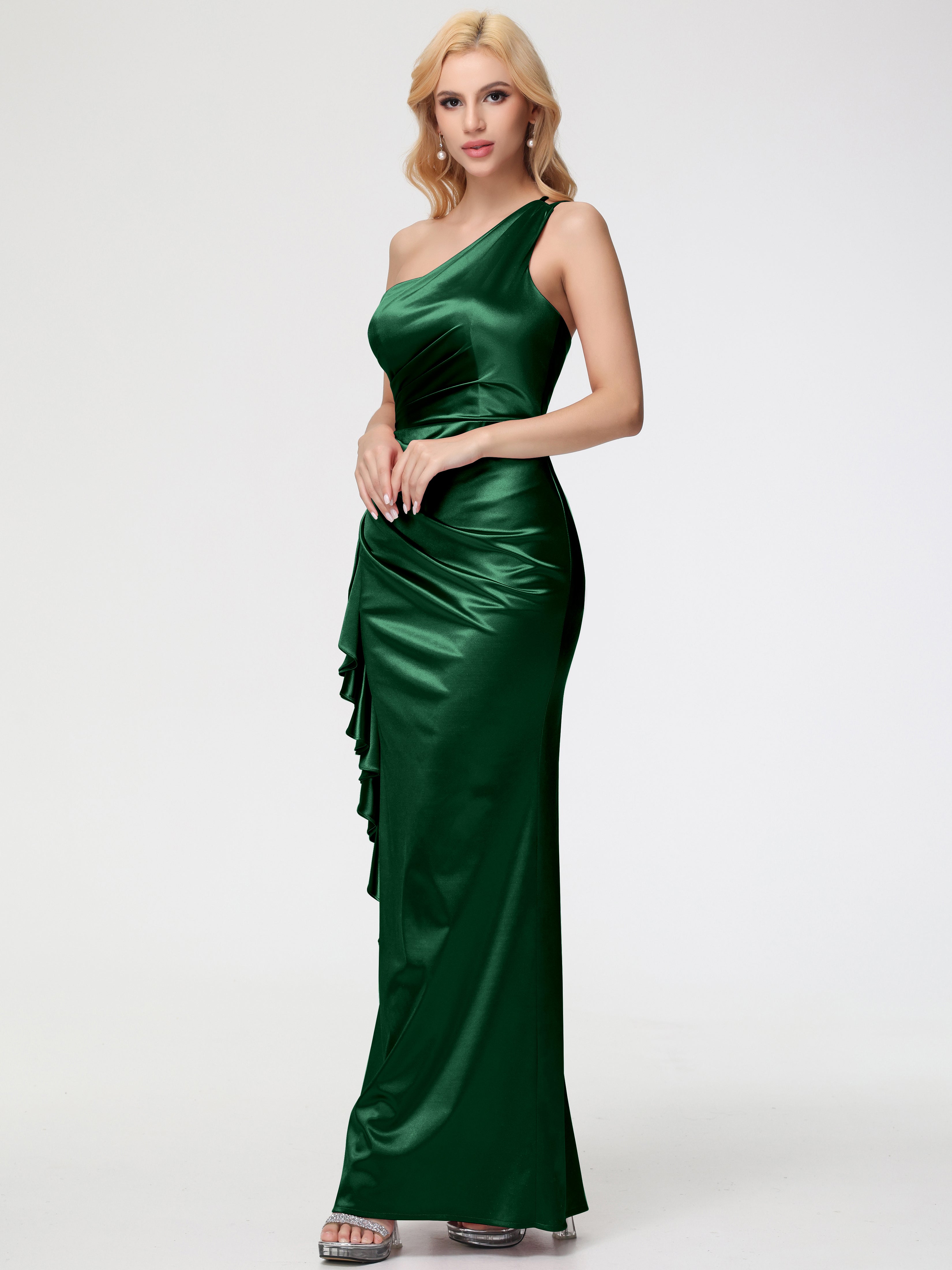 Robes De Demoiselle D'Honneur VERT FONCÉ Seule-épaule Robe Plisée Fourreau/Colonne Fendue Satin Extensible