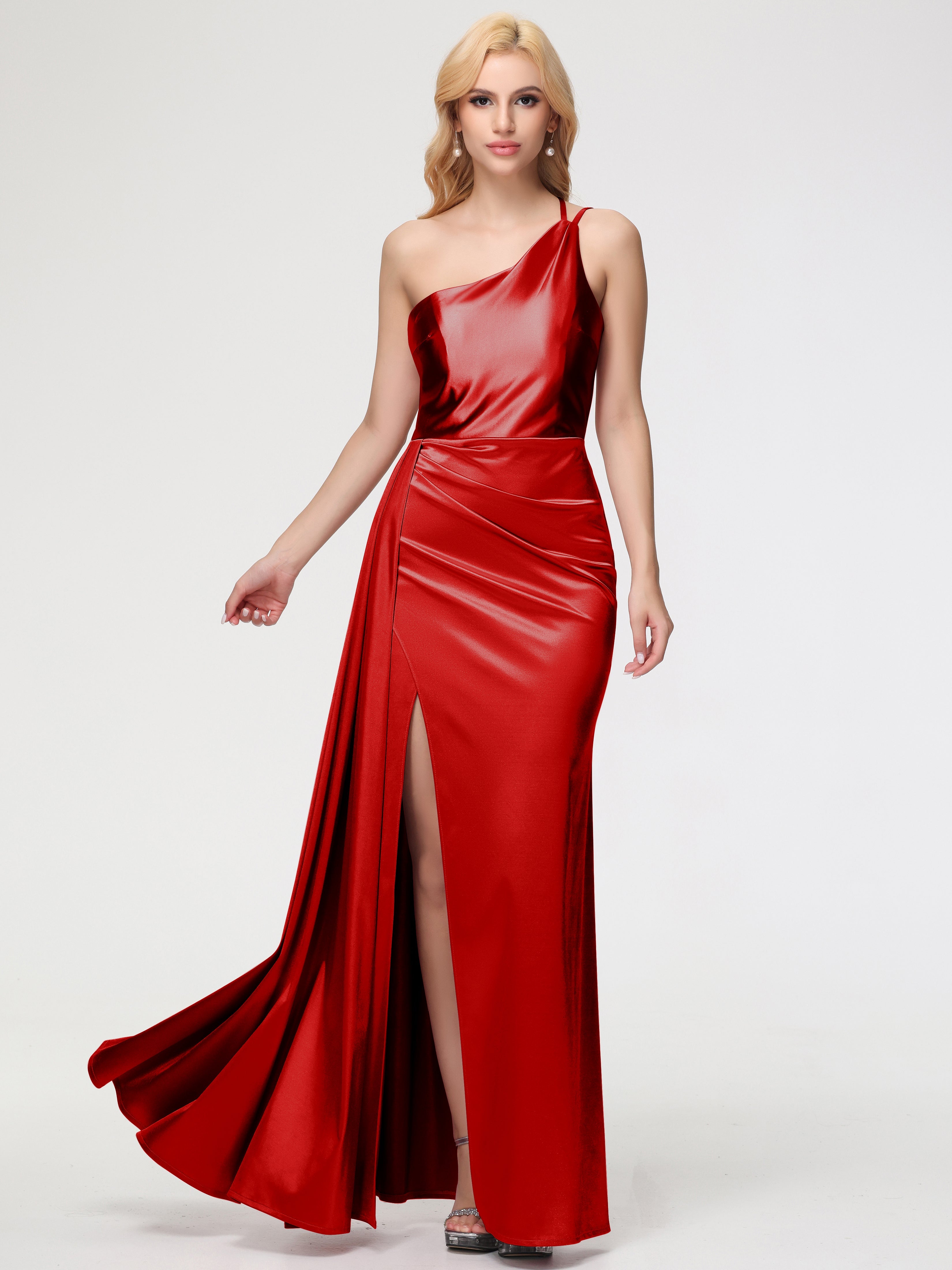 Robe Rouge Mariage Demoiselle D Honneur Seule-épaule Satin Extensible Fourreau/Colonne Fendue Robe De Demoiselle D'Honneur