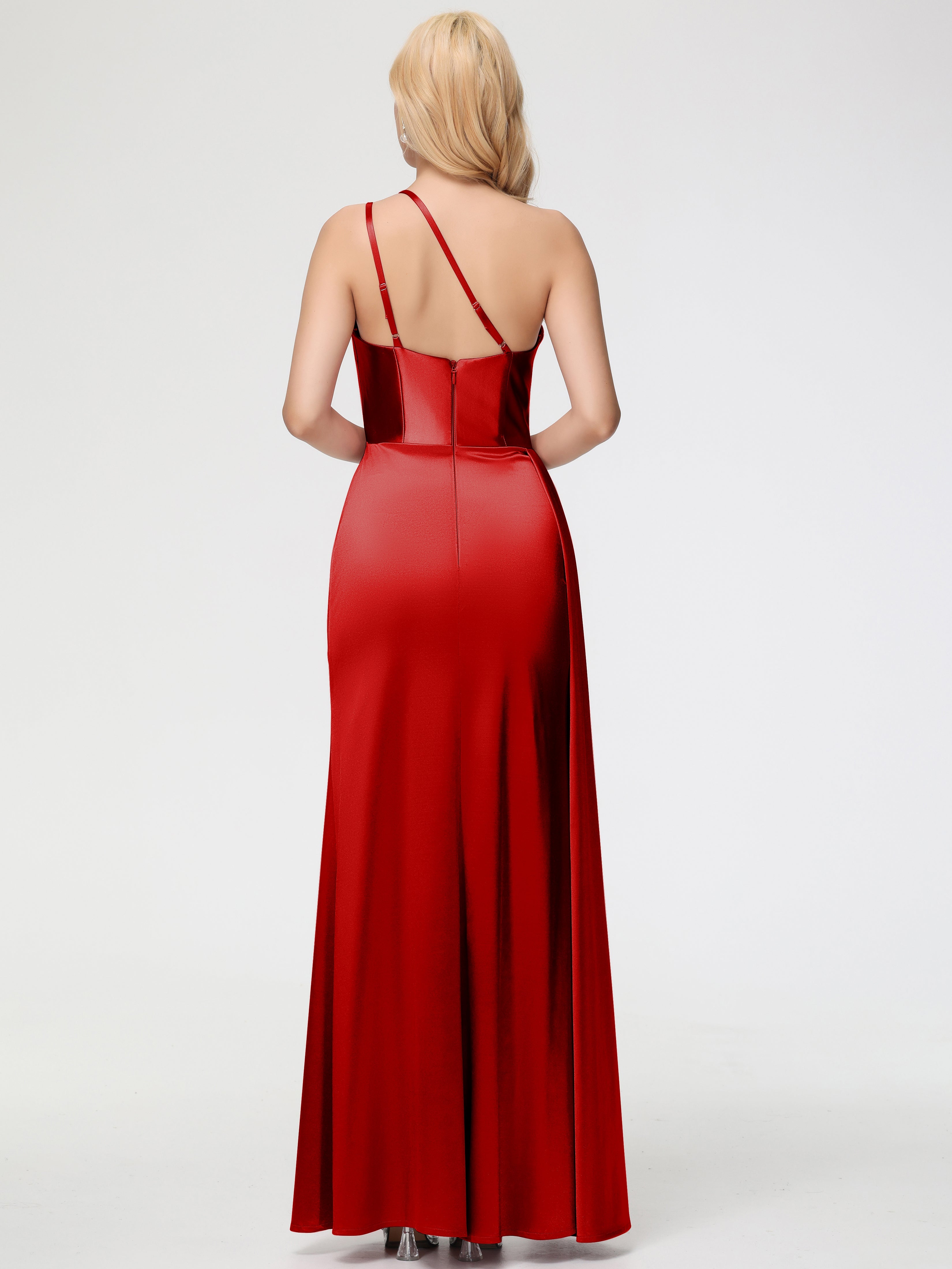 Robe Rouge Mariage Demoiselle D Honneur Seule-épaule Satin Extensible Fourreau/Colonne Fendue Robe De Demoiselle D'Honneur