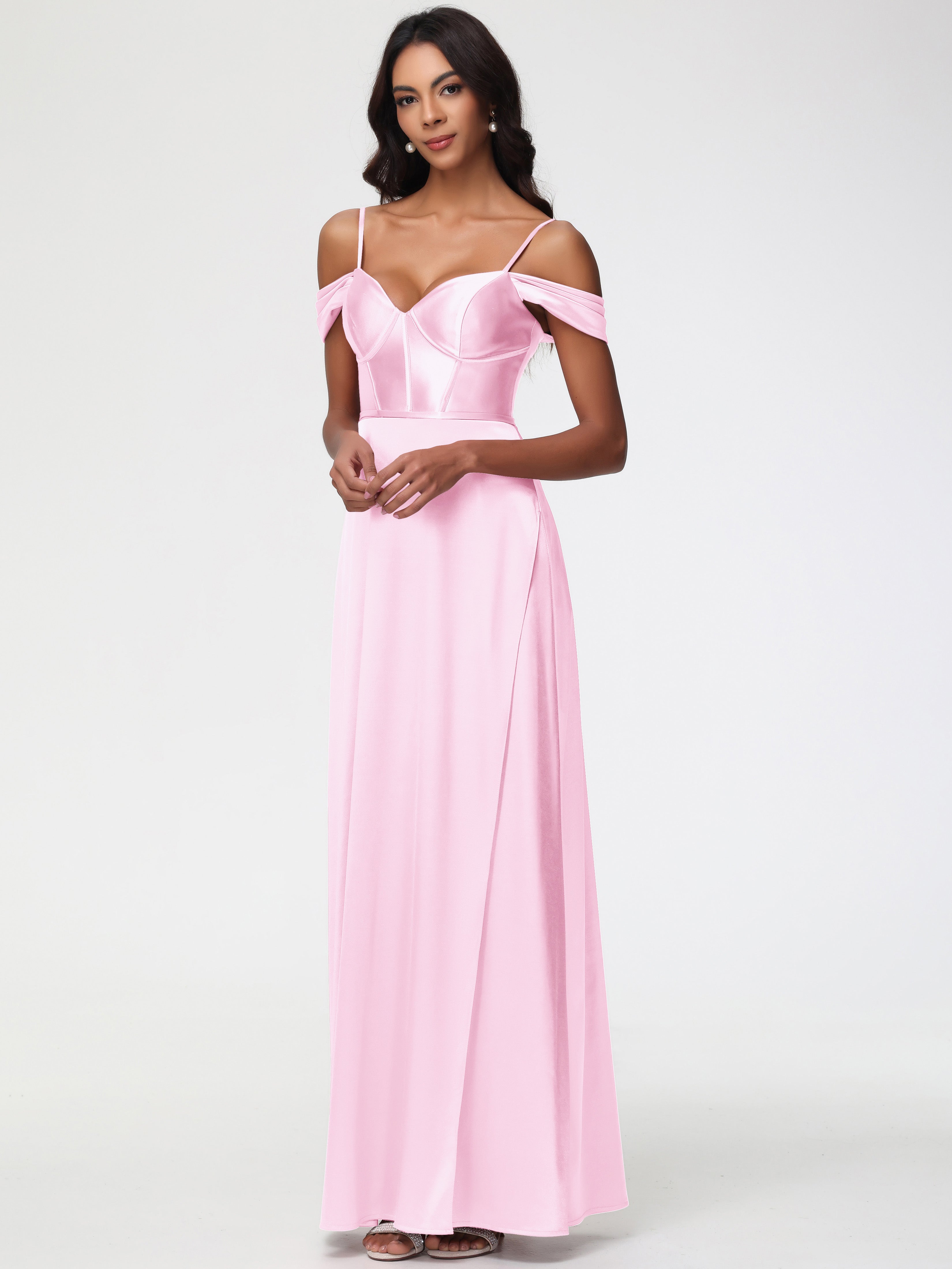 Robe Demoiselle D Honneur Rose Pale Satin Extensible Robe Demoiselle D Honneur Épaule Dénudée