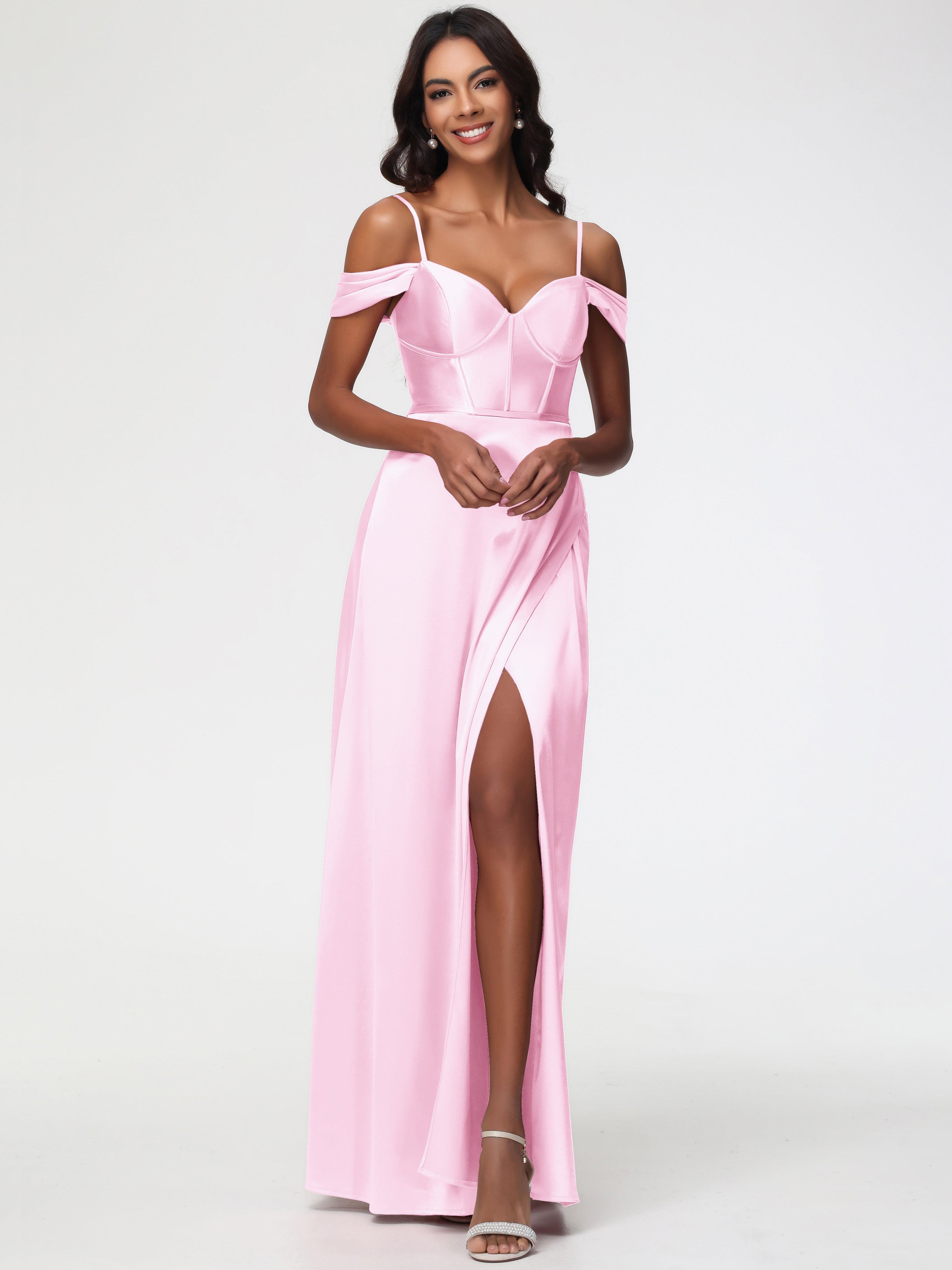 Robe Demoiselle D Honneur Rose Pale Satin Extensible Robe Demoiselle D Honneur Épaule Dénudée