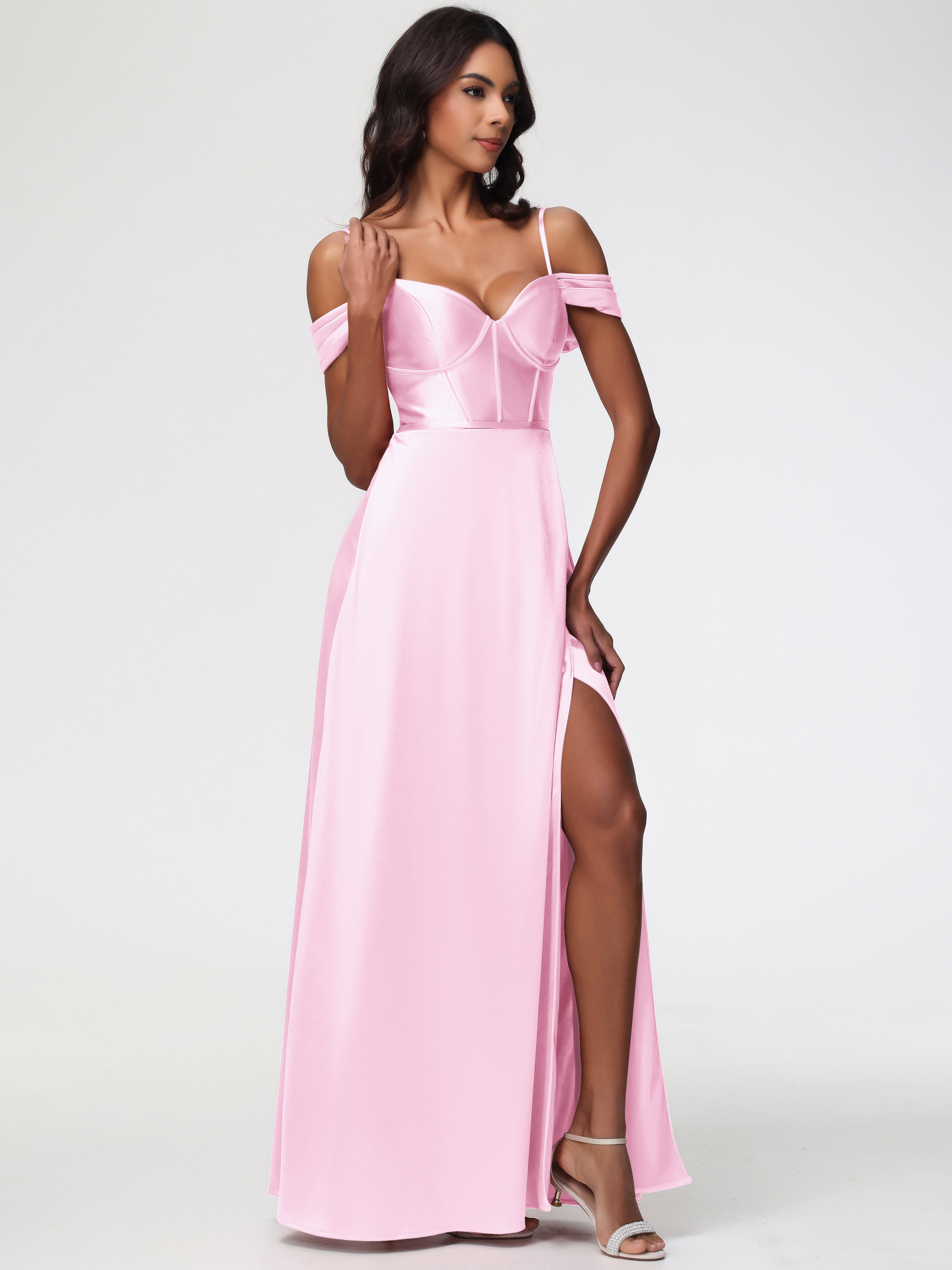 Robe Demoiselle D Honneur Rose Pale Satin Extensible Robe Demoiselle D Honneur Épaule Dénudée