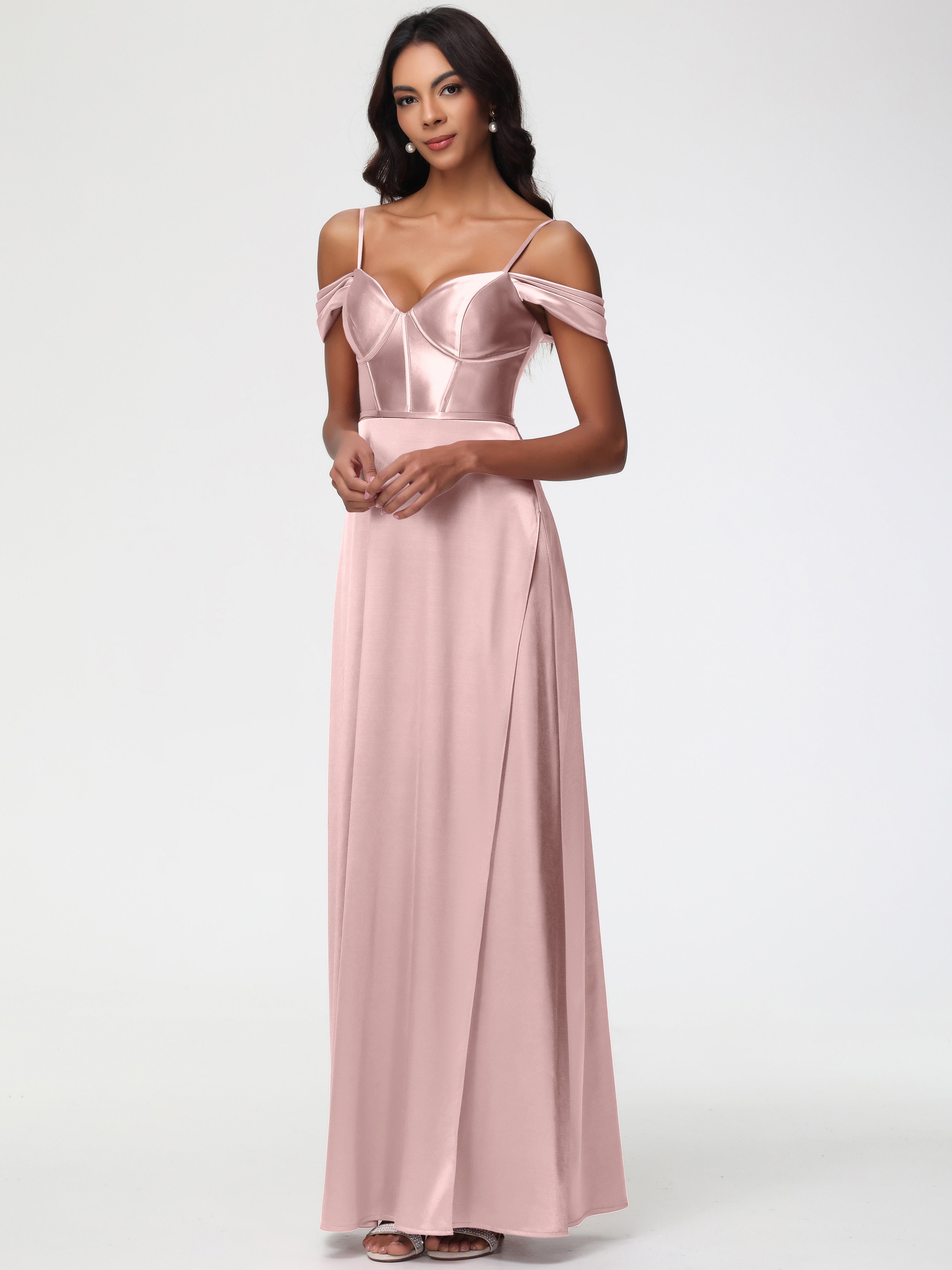 Robe Demoiselle D Honneur Rose Poudré Satin Extensible Robe Demoiselle D Honneur Épaule Dénudée