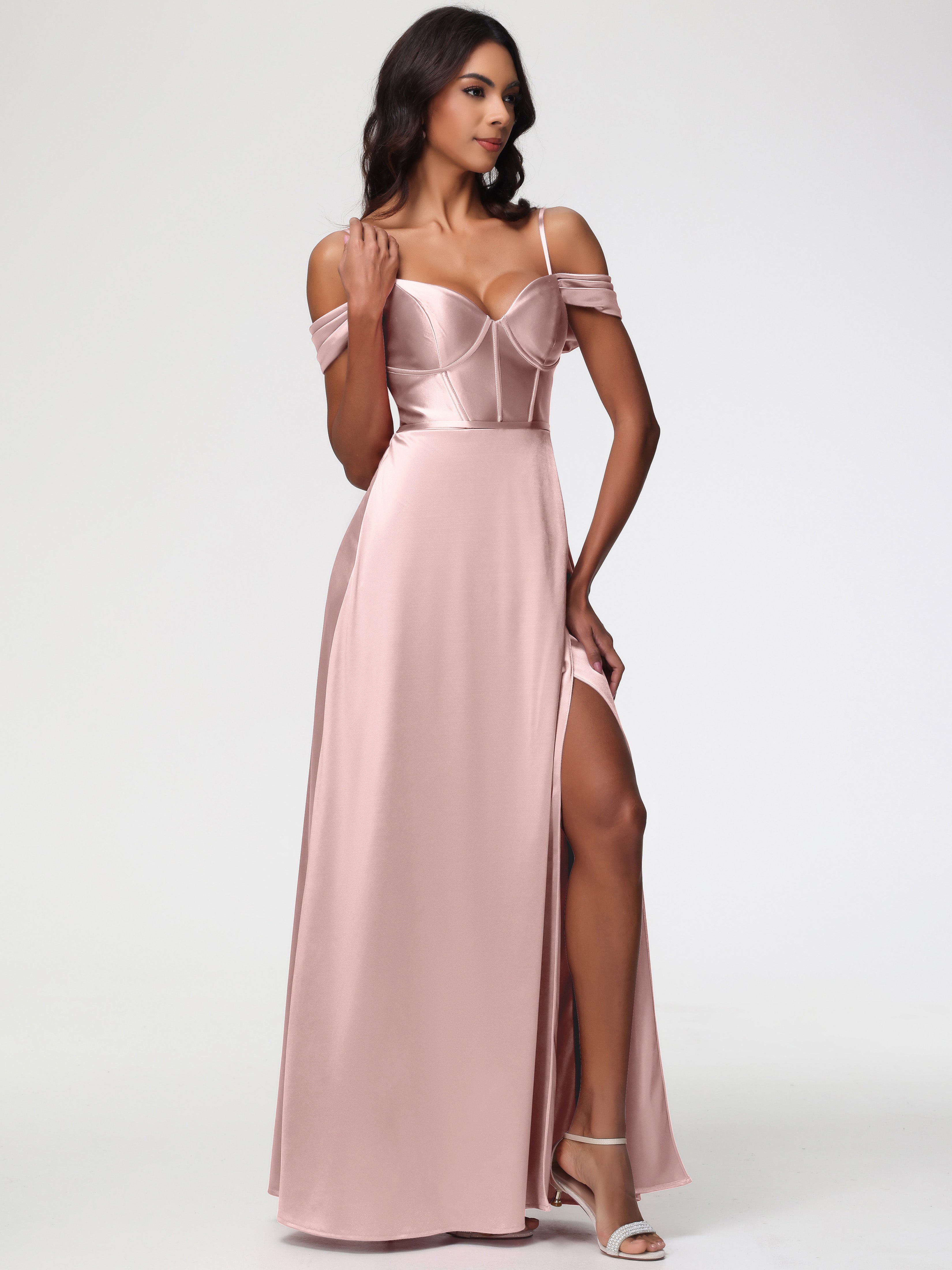 Robe Demoiselle D Honneur Rose Poudré Satin Extensible Robe Demoiselle D Honneur Épaule Dénudée