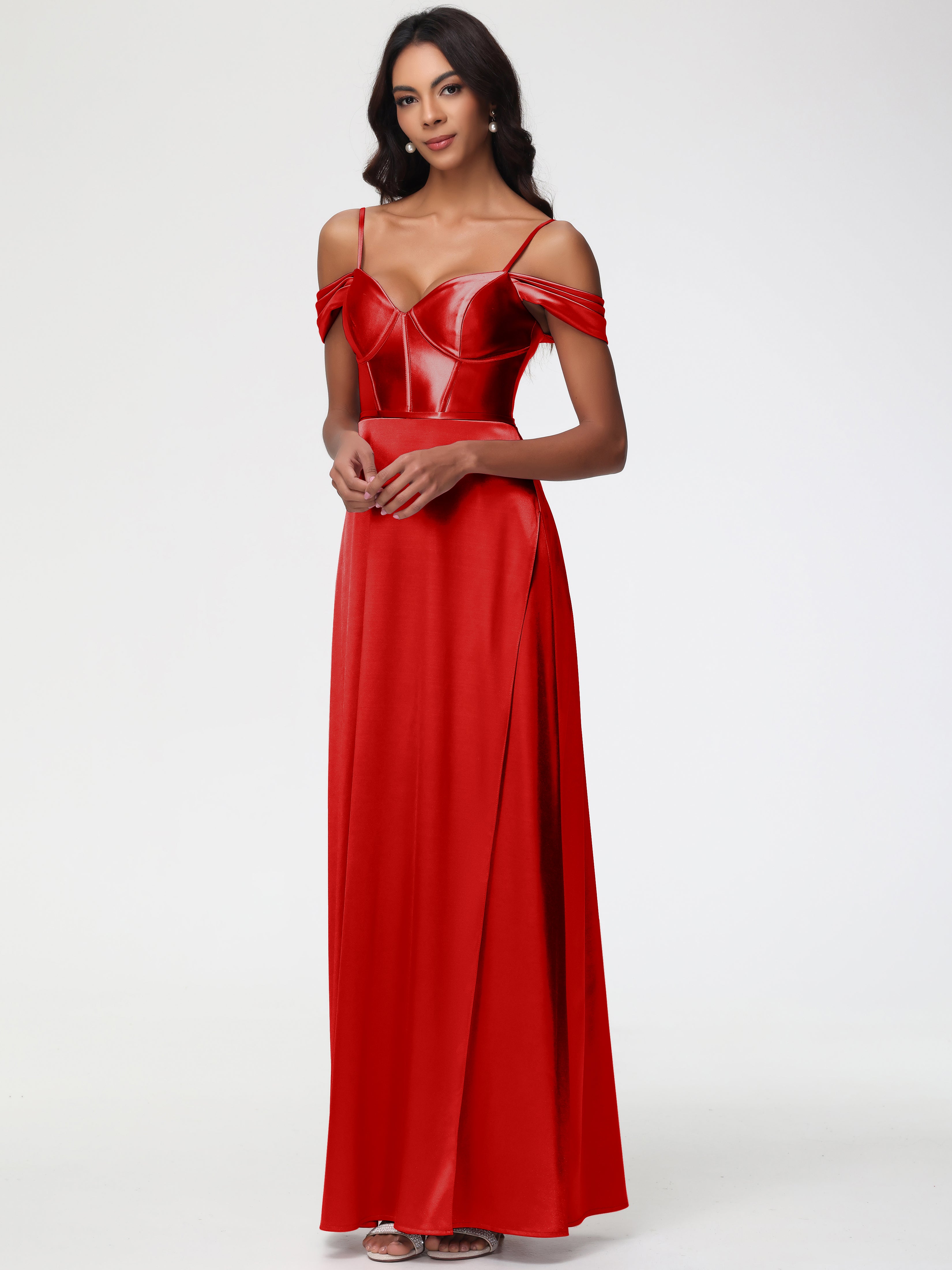 Robe Demoiselle D Honneur Rouge Satin Extensible Robe Demoiselle D Honneur Épaule Dénudée