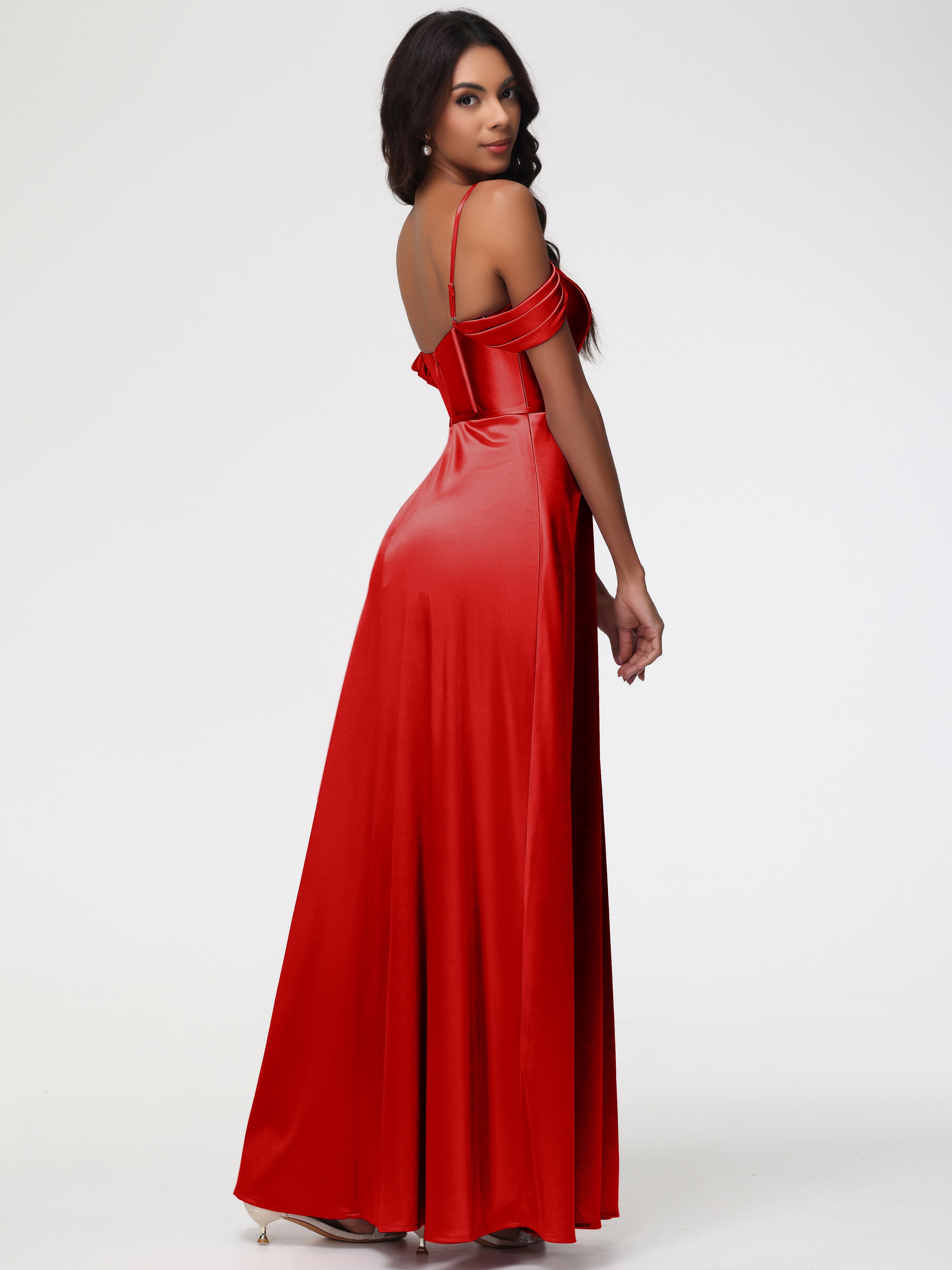 Robe Demoiselle D Honneur Rouge Satin Extensible Robe Demoiselle D Honneur Épaule Dénudée