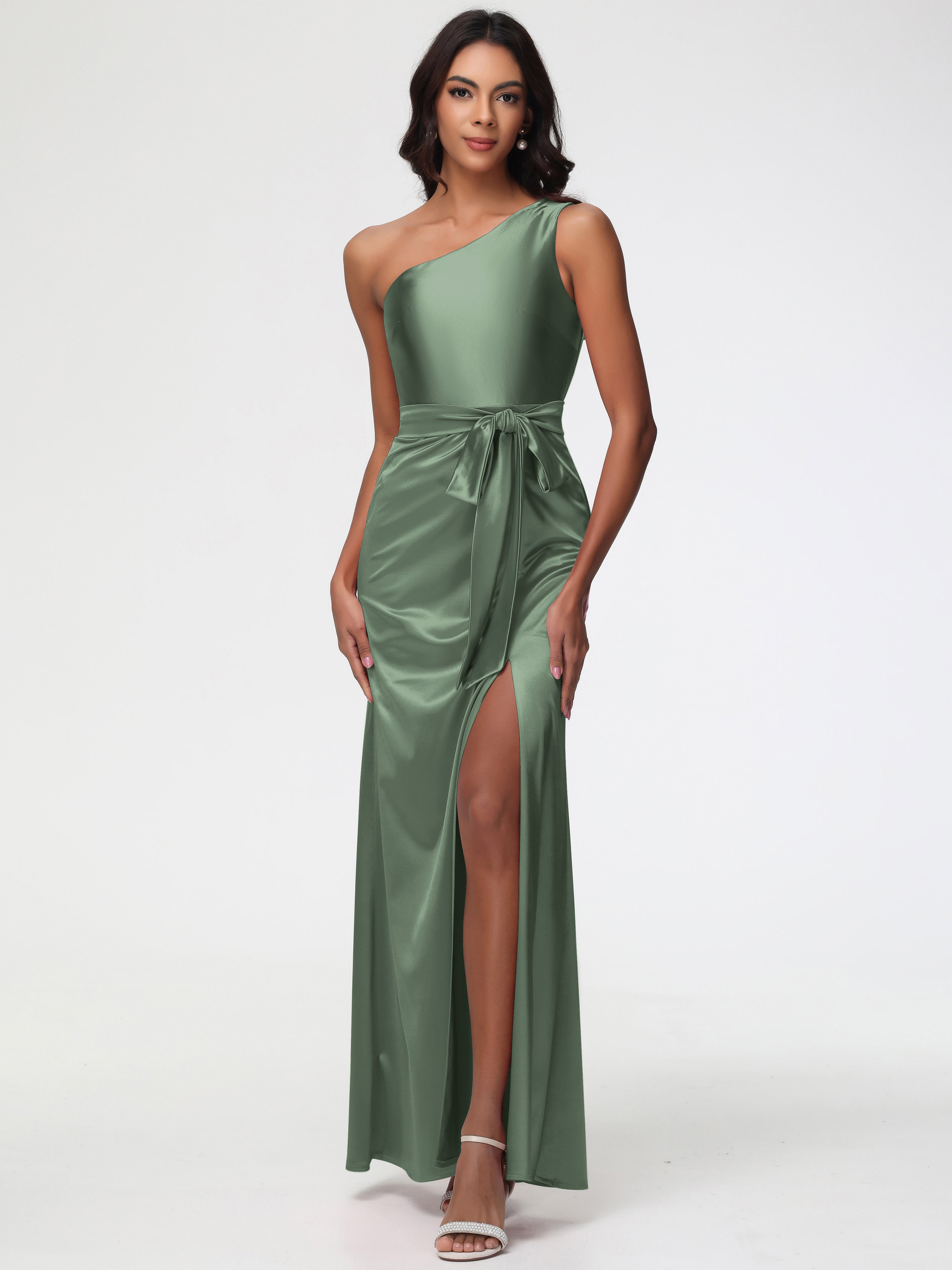 Robe De Demoiselle D Honneur Vert Olive Satin Extensible Seule-Épaule Robe Fourreau Demoiselle D Honneur