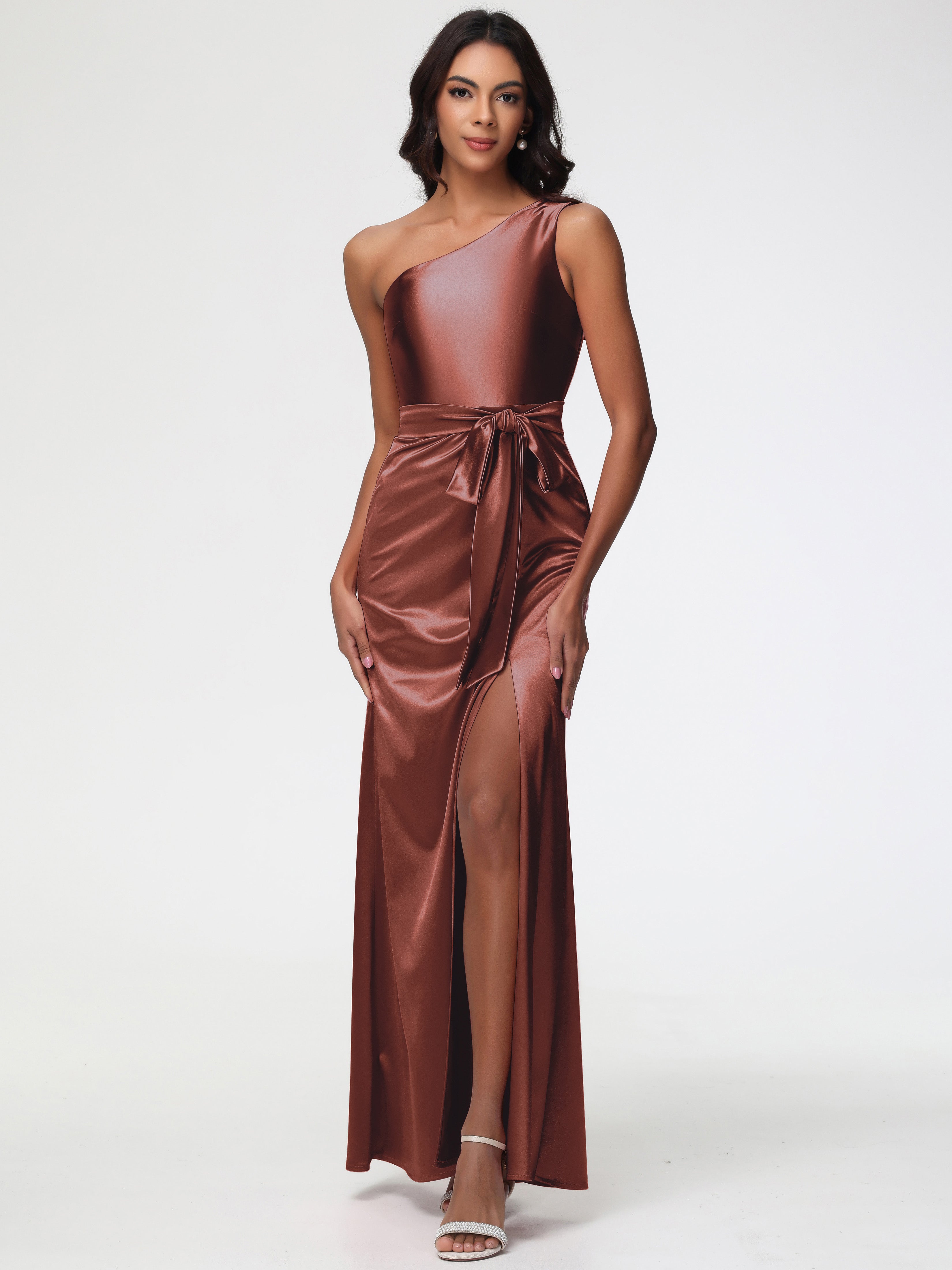 Demoiselle Robe Terracotta Mariage Satin Extensible Seule-Épaule Robe Fourreau Demoiselle D Honneur