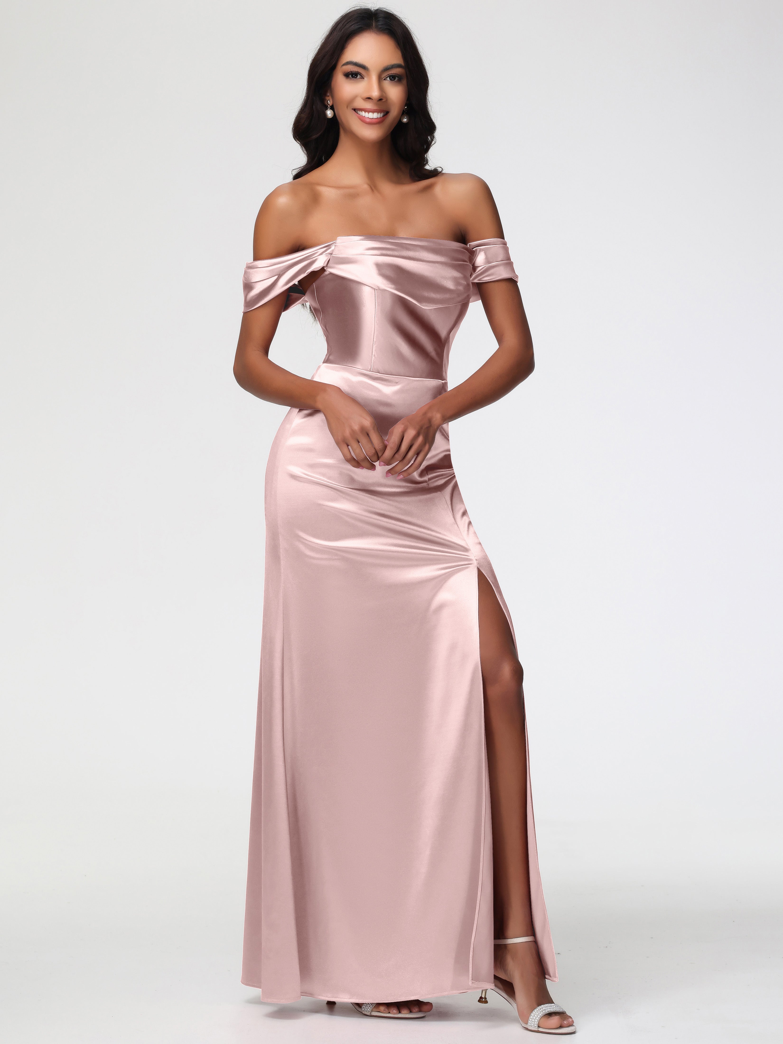 Robe Rose Poudré Mariage Demoiselle D Honneur Satin Extensible Robe Fourreau Demoiselle D Honneur Epaule Dénudée