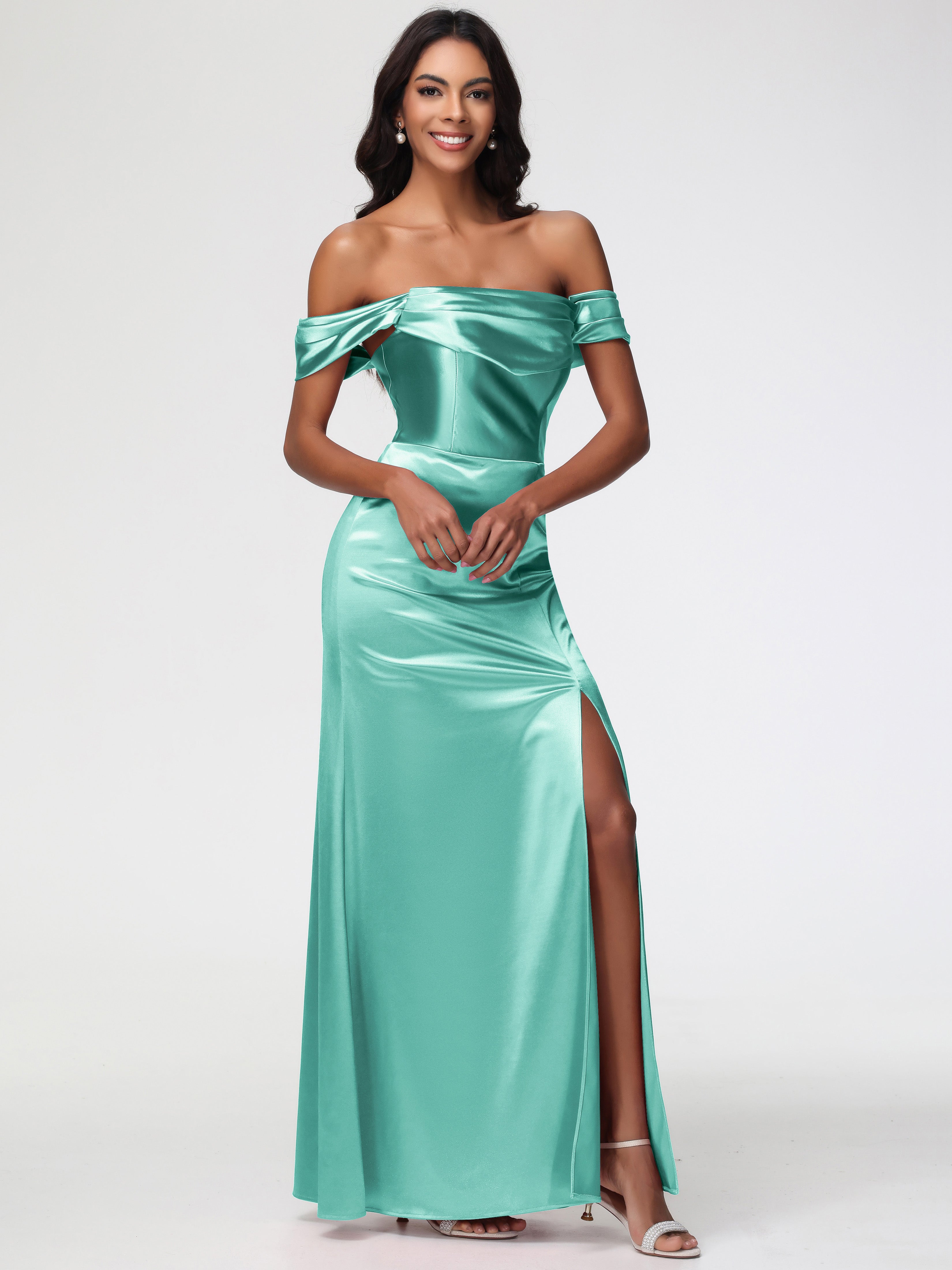 Robe Vert Menthe Demoiselle D Honneur Satin Extensible Robe Fourreau Demoiselle D Honneur Epaule Dénudée