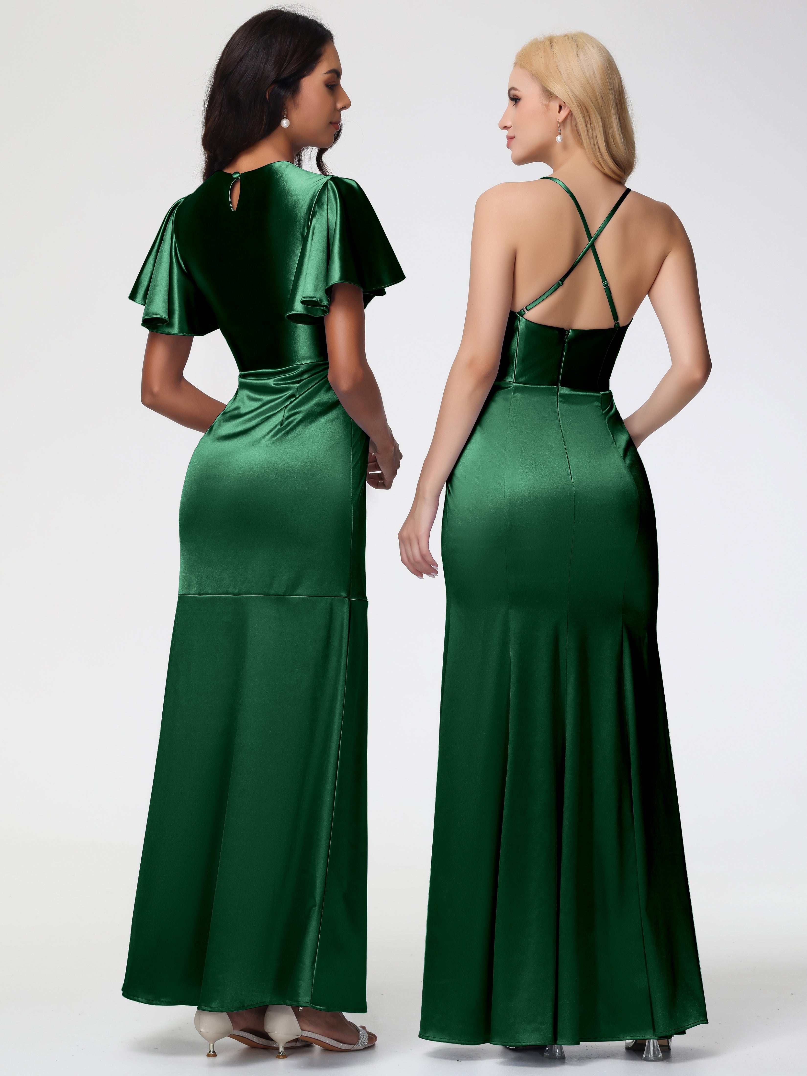 Robes De Demoiselle D'Honneur Vert Foncé Col Rond Mancherons À Volants Satin Extensible Robe Fourreau Demoiselle D Honneur