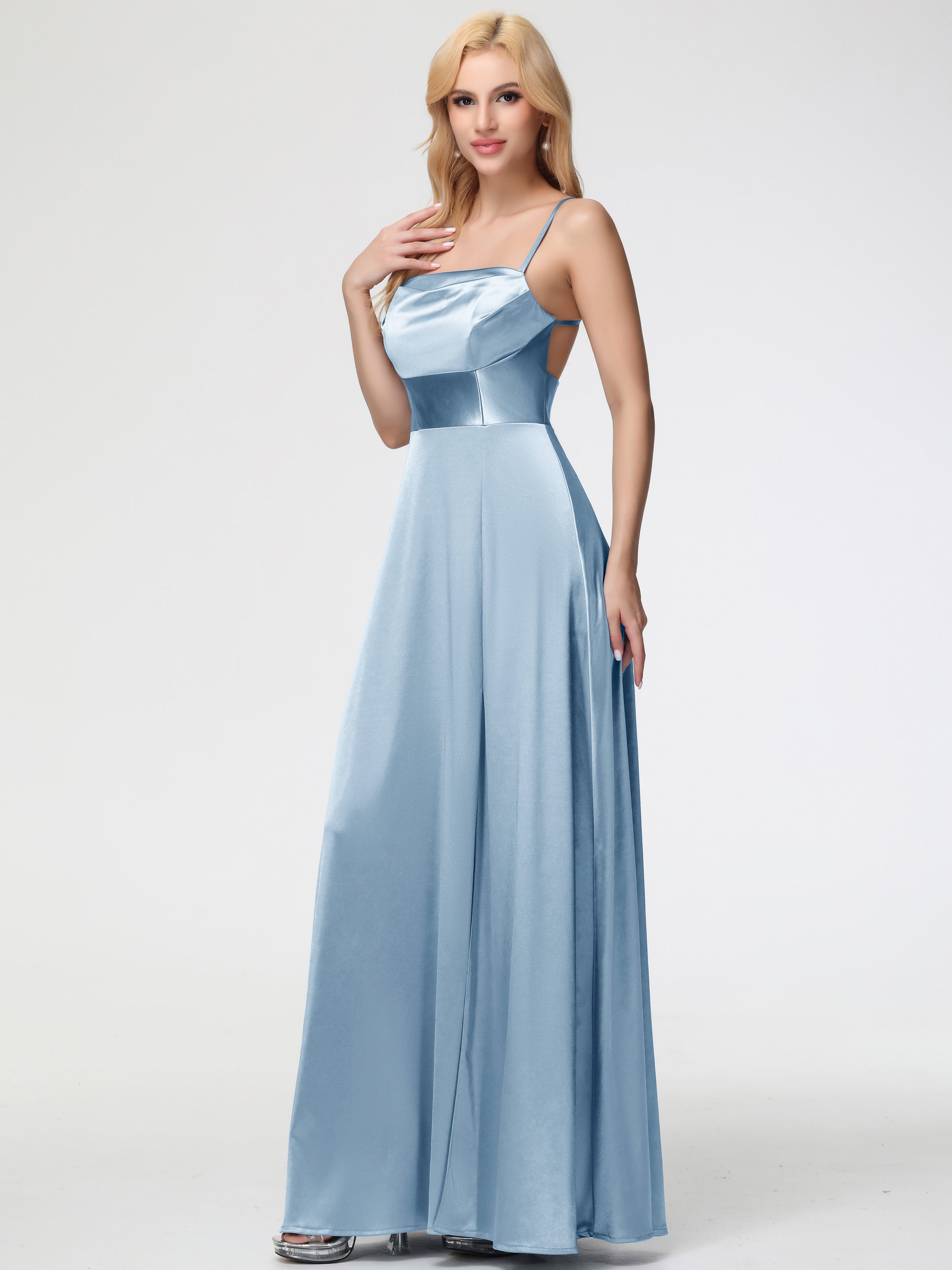 Robes De Demoiselle D'Honneur Bleu Gris Col Bénitier Trapèze Satin Extensible Fendue Robe De Demoiselle D'Honneur