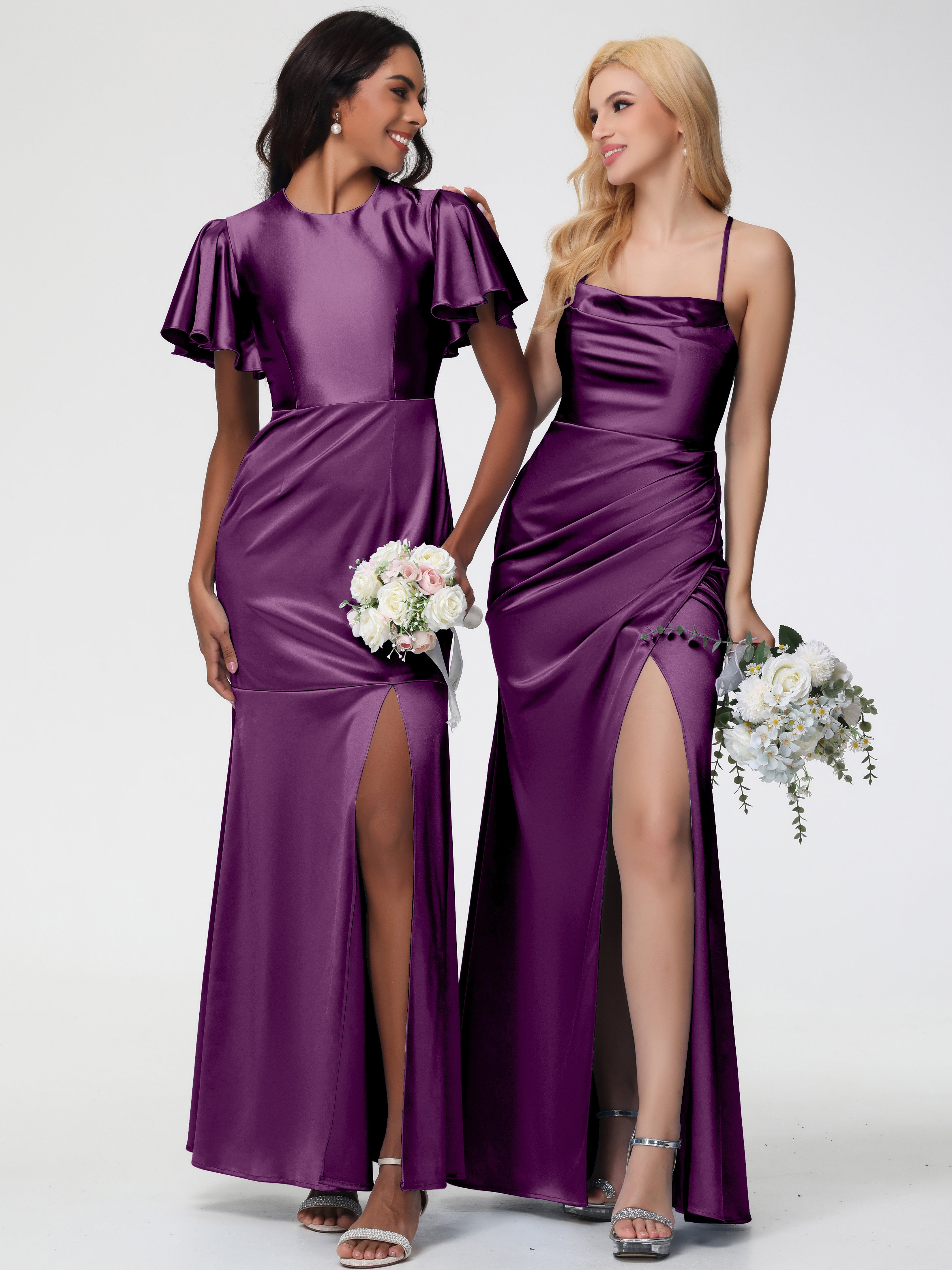 Robes De Demoiselle D'Honneur Raisin Col Bénitier Satin Extensible Fendue Robe De Demoiselle D'Honneur Robe Plisée