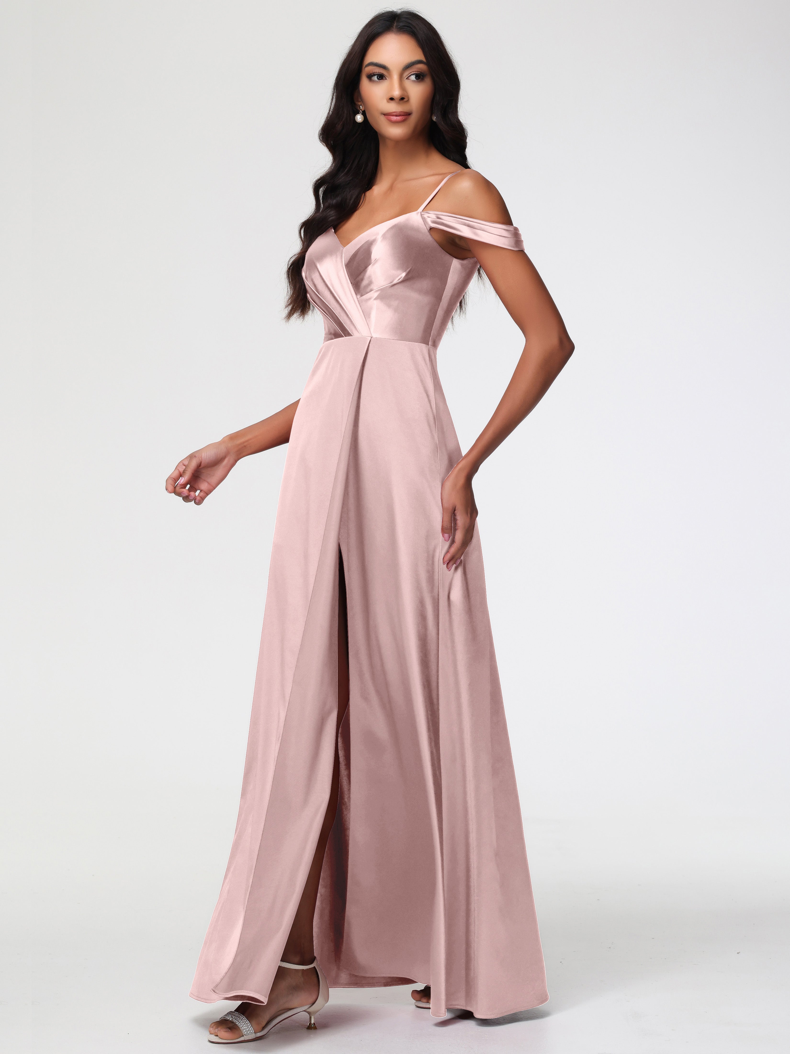 Robes Demoiselle D Honneur Rose Poudré Satin Extensible Robe Trapèze Demoiselle D'Honneur Épaule Dénudée